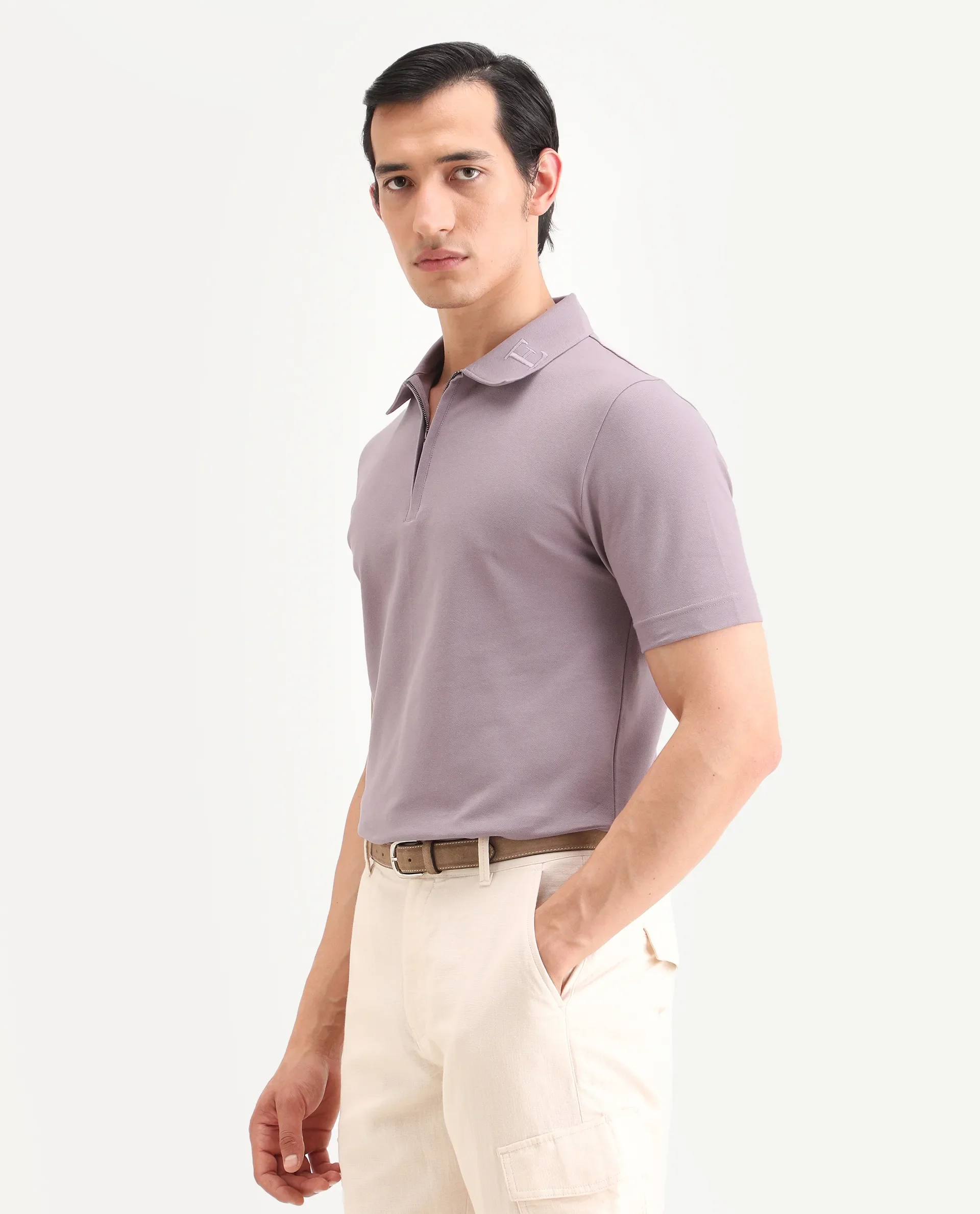 Rare Rabbit Men's Thero-S26 Dusky Pink Cotton Blend Fabric Half Sleeve Spread Collar Regular Fit Plain Polo - Image 5