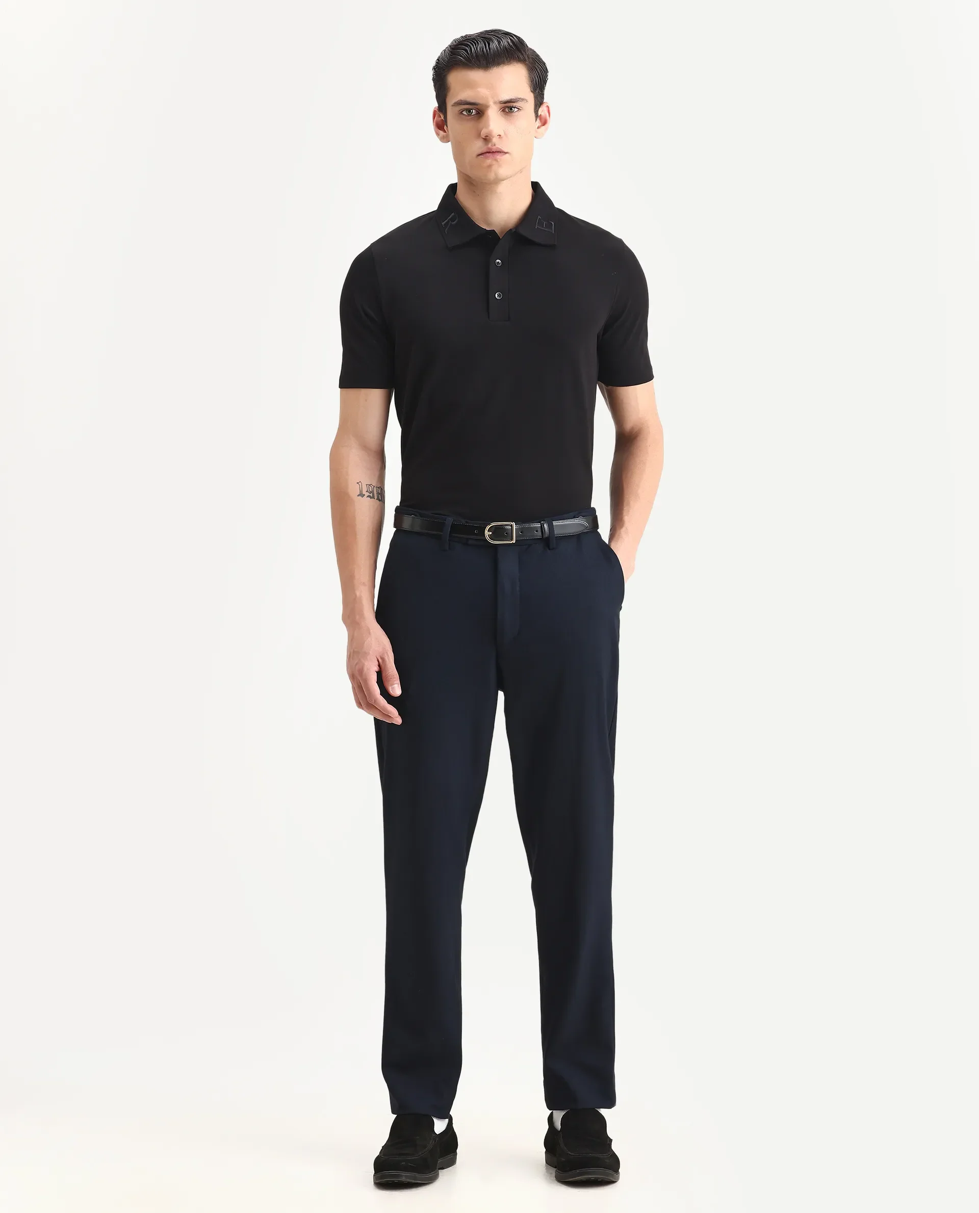Rare Rabbit Men's Theron Black Cotton Blend Plain Regular Fit Half Sleeve Polo - Image 2