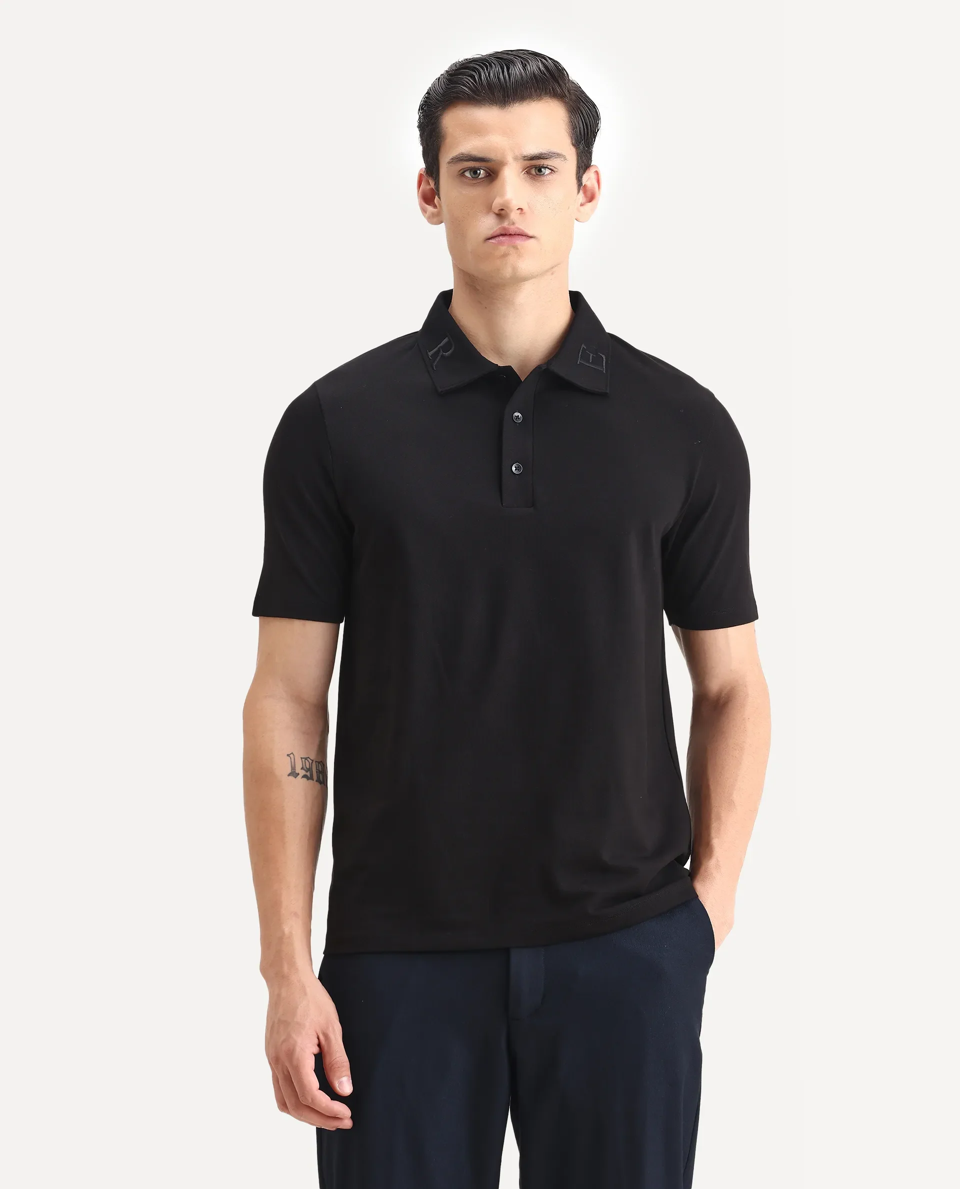 Rare Rabbit Men's Theron Black Cotton Blend Plain Regular Fit Half Sleeve Polo - Image 4