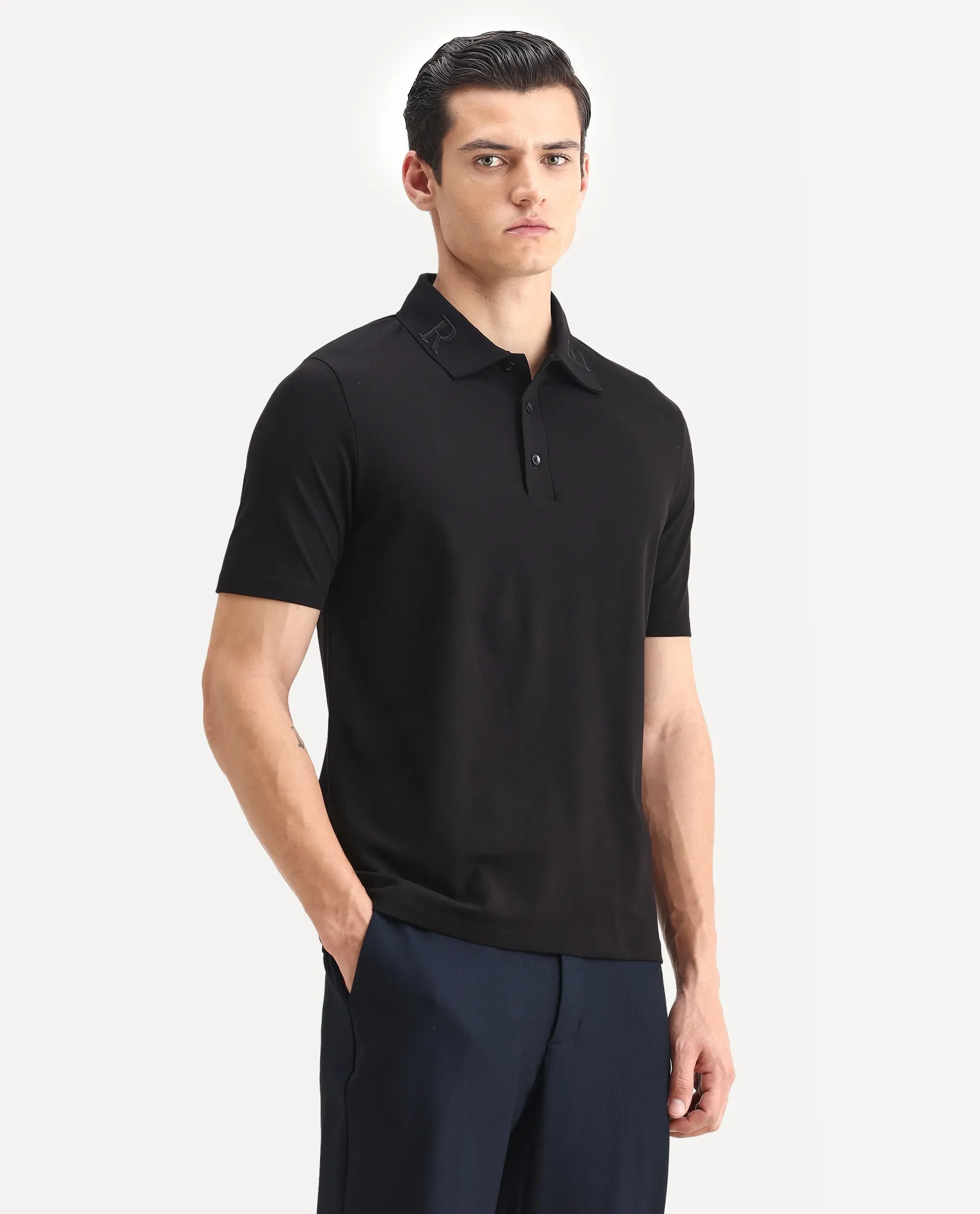 Rare Rabbit Men's Theron Black Cotton Blend Plain Regular Fit Half Sleeve Polo - Image 5
