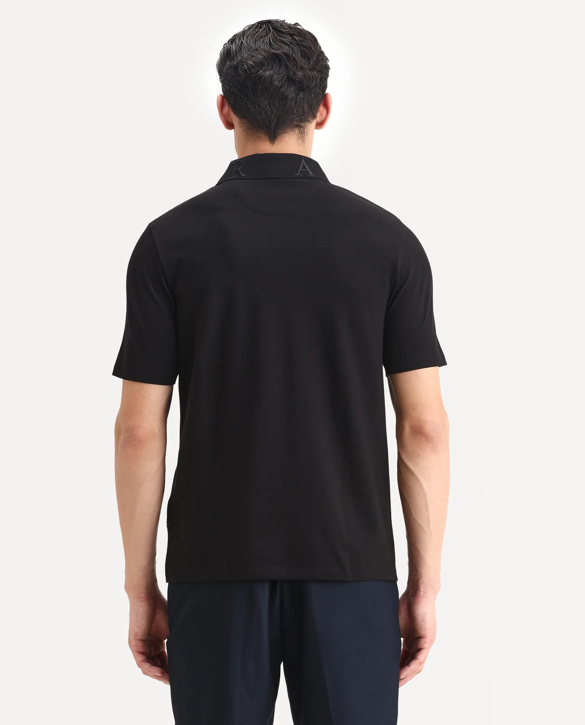 Rare Rabbit Men's Theron Black Cotton Blend Plain Regular Fit Half Sleeve Polo - Image 6
