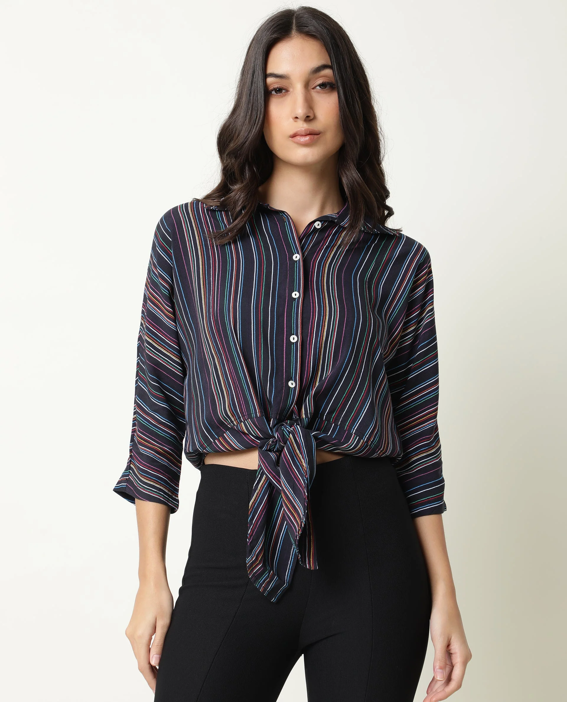 Rareism Women's Thesis Black Viscose Collarless Striped Relaxed Fit Top