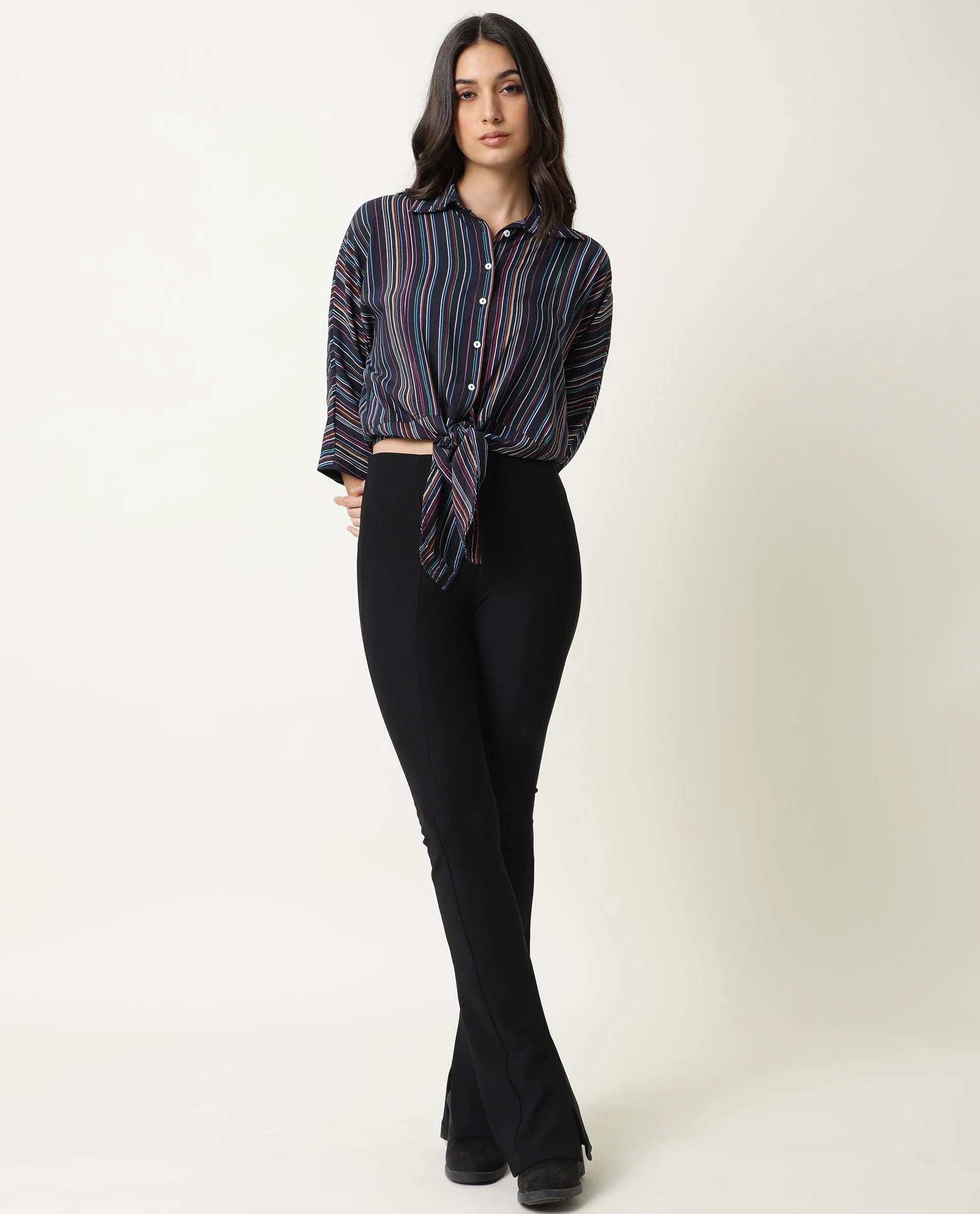 Rareism Women's Thesis Black Viscose Collarless Striped Relaxed Fit Top - Image 2