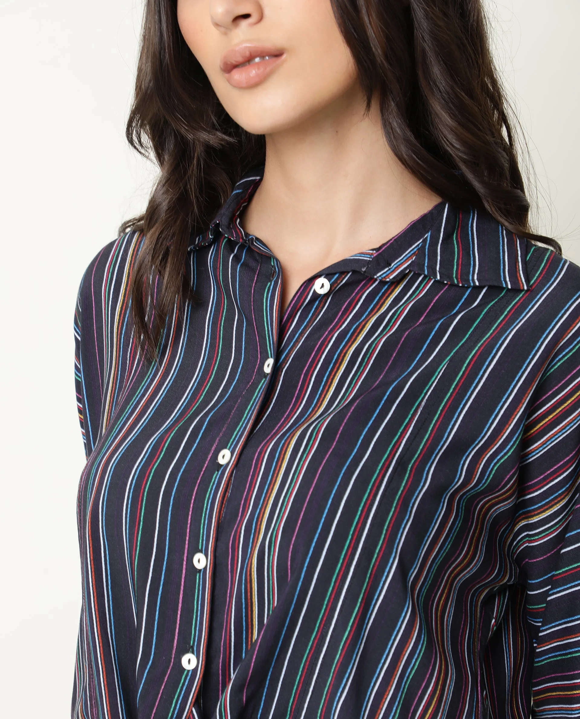 Rareism Women's Thesis Black Viscose Collarless Striped Relaxed Fit Top - Image 3