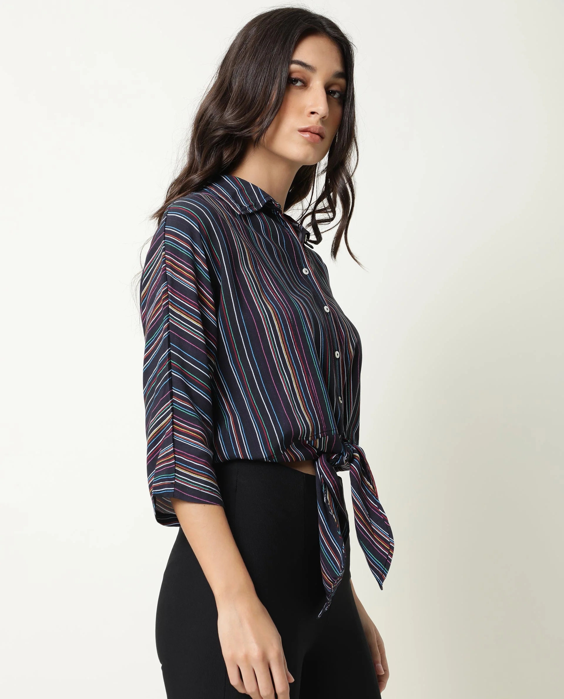 Rareism Women's Thesis Black Viscose Collarless Striped Relaxed Fit Top - Image 4
