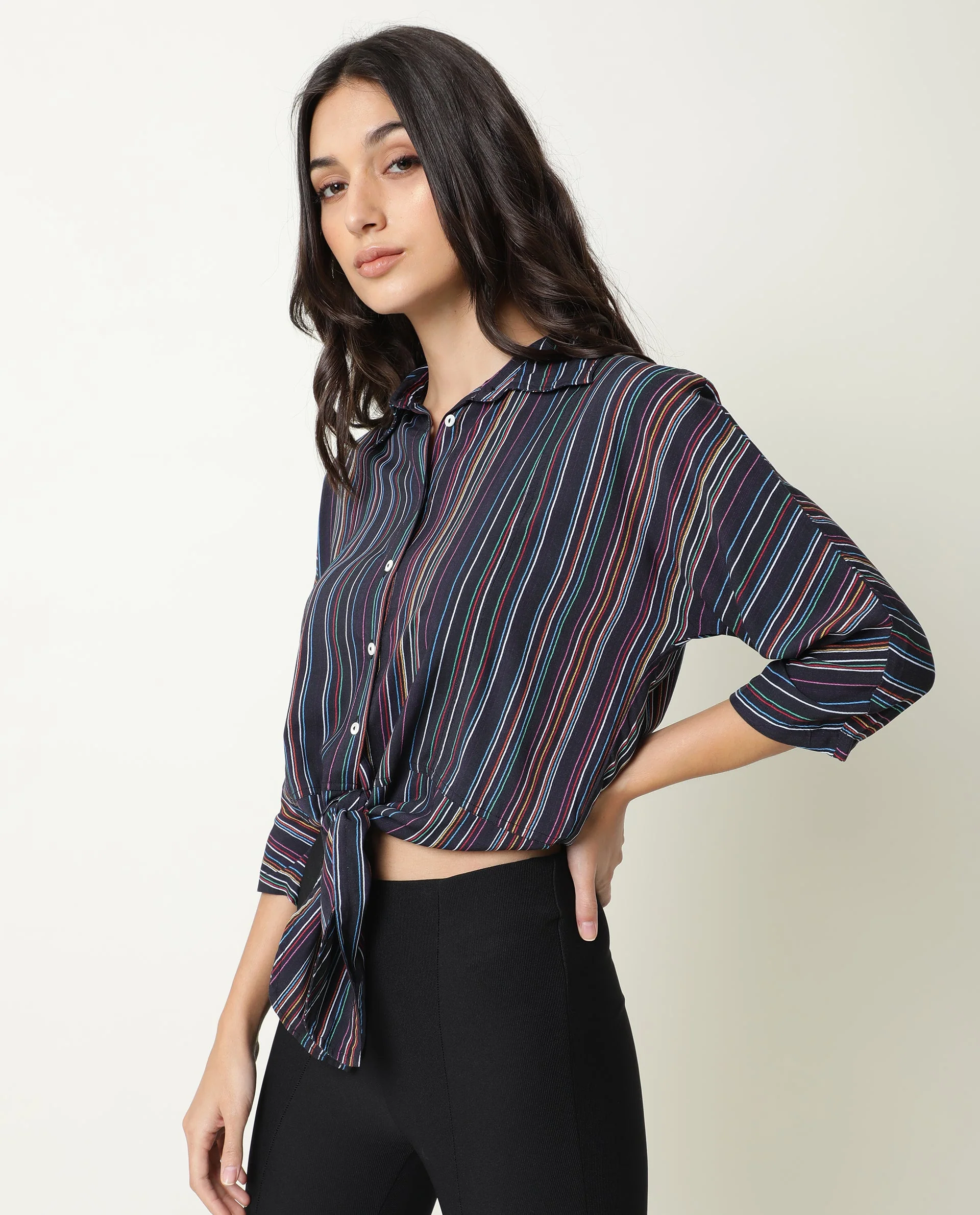 Rareism Women's Thesis Black Viscose Collarless Striped Relaxed Fit Top - Image 5
