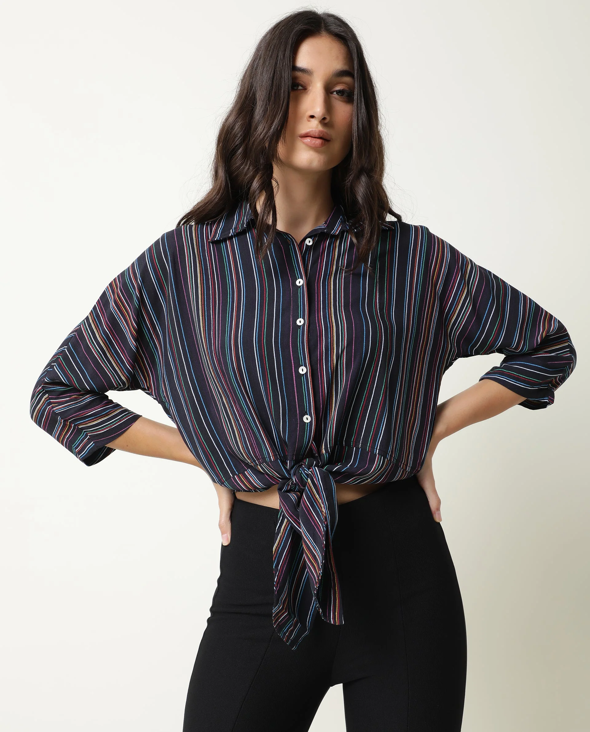Rareism Women's Thesis Black Viscose Collarless Striped Relaxed Fit Top - Image 6