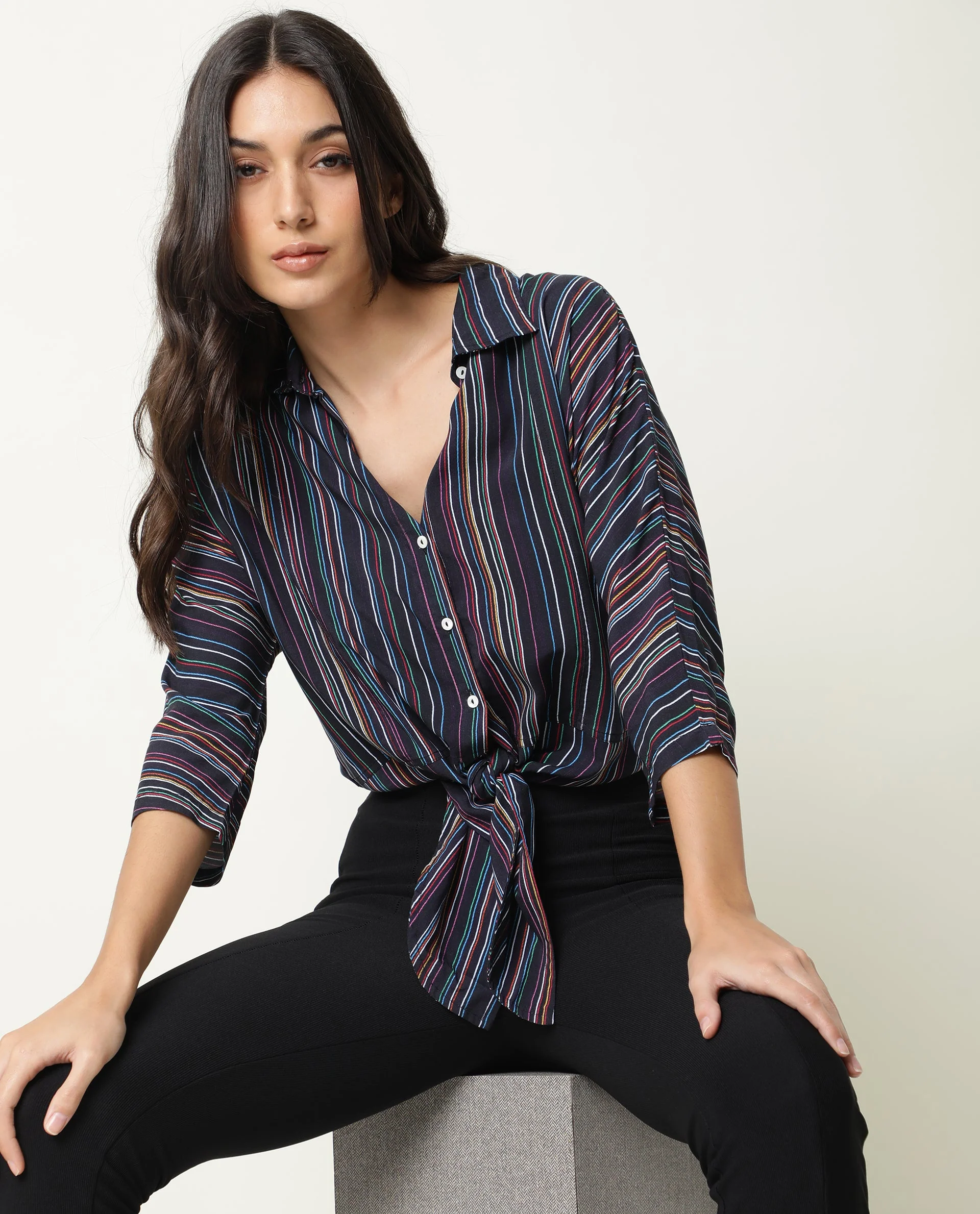 Rareism Women's Thesis Black Viscose Collarless Striped Relaxed Fit Top - Image 8