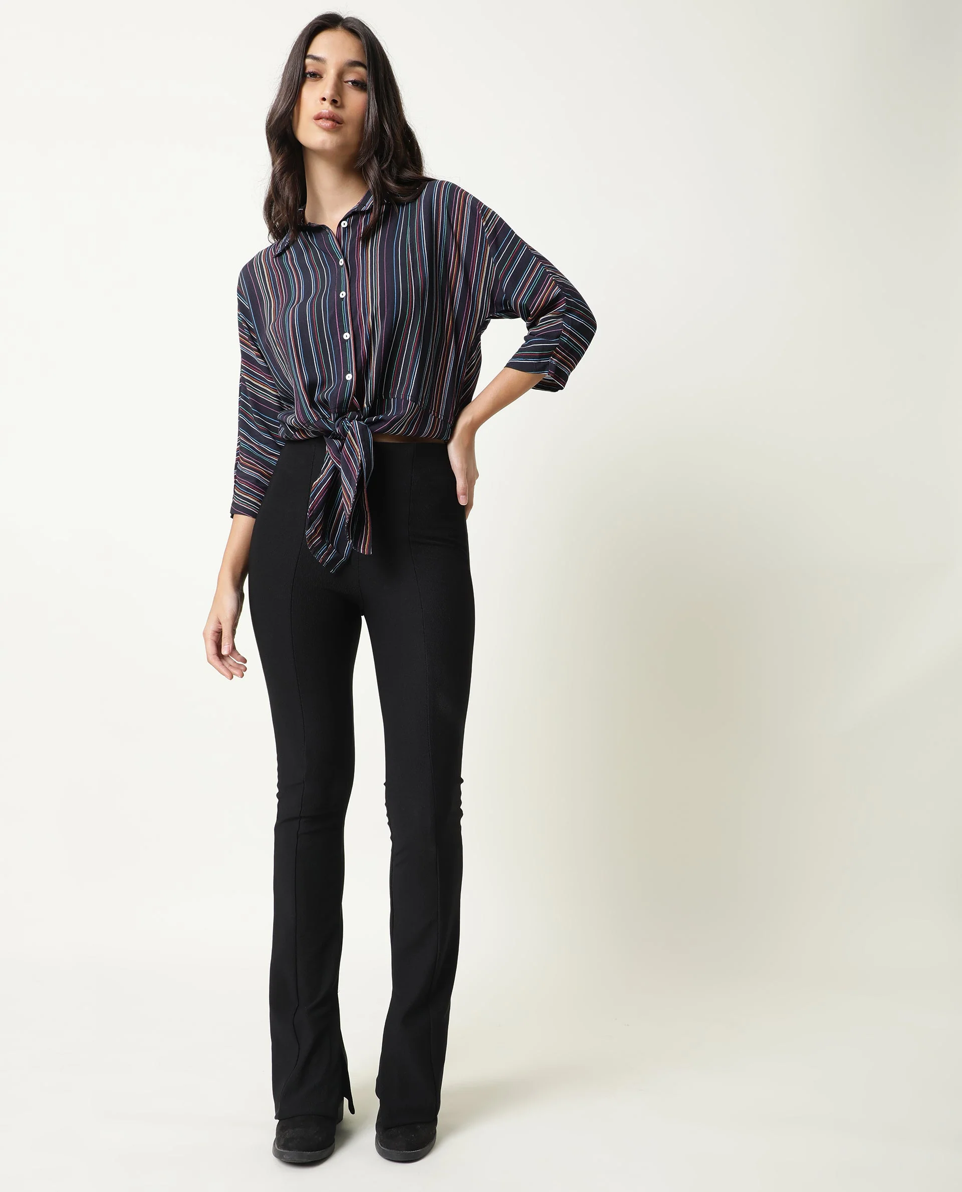 Rareism Women's Thesis Black Viscose Collarless Striped Relaxed Fit Top - Image 9