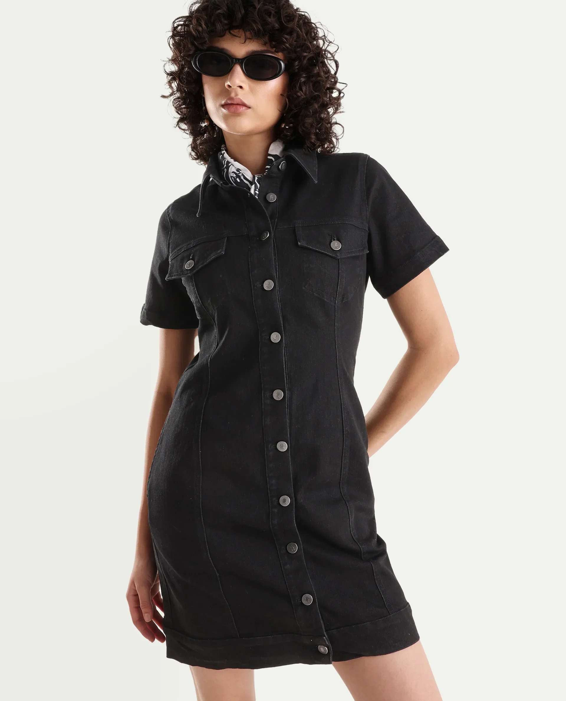 Rareism Women's Thio Black Cotton Blend Spread Collar Plain Knee Length Fitted Dress