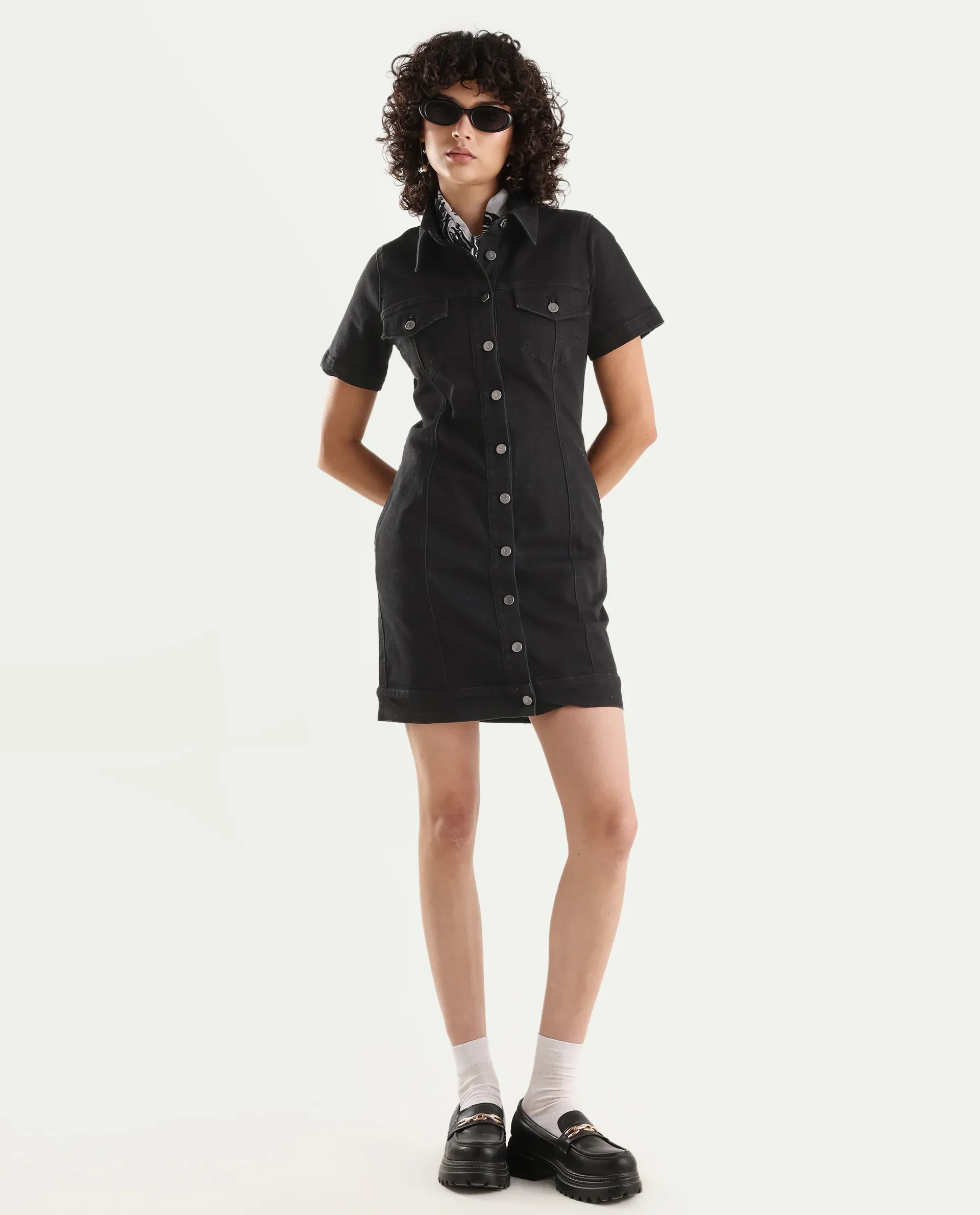 Rareism Women's Thio Black Cotton Blend Spread Collar Plain Knee Length Fitted Dress - Image 2