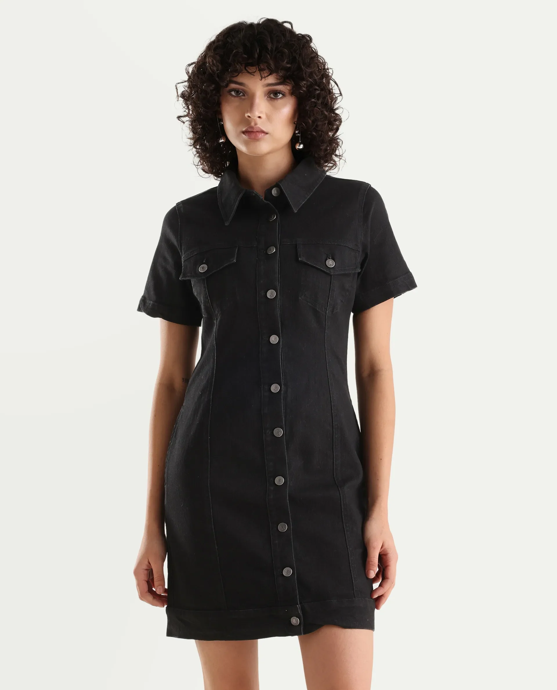 Rareism Women's Thio Black Cotton Blend Spread Collar Plain Knee Length Fitted Dress - Image 3