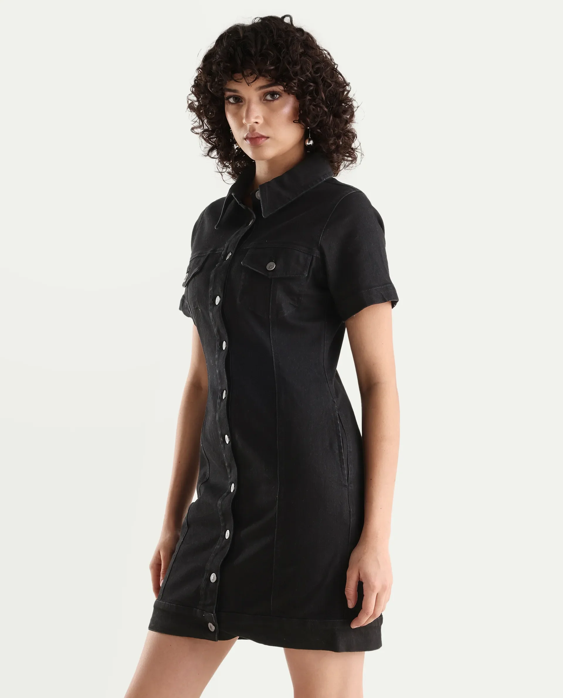Rareism Women's Thio Black Cotton Blend Spread Collar Plain Knee Length Fitted Dress - Image 5