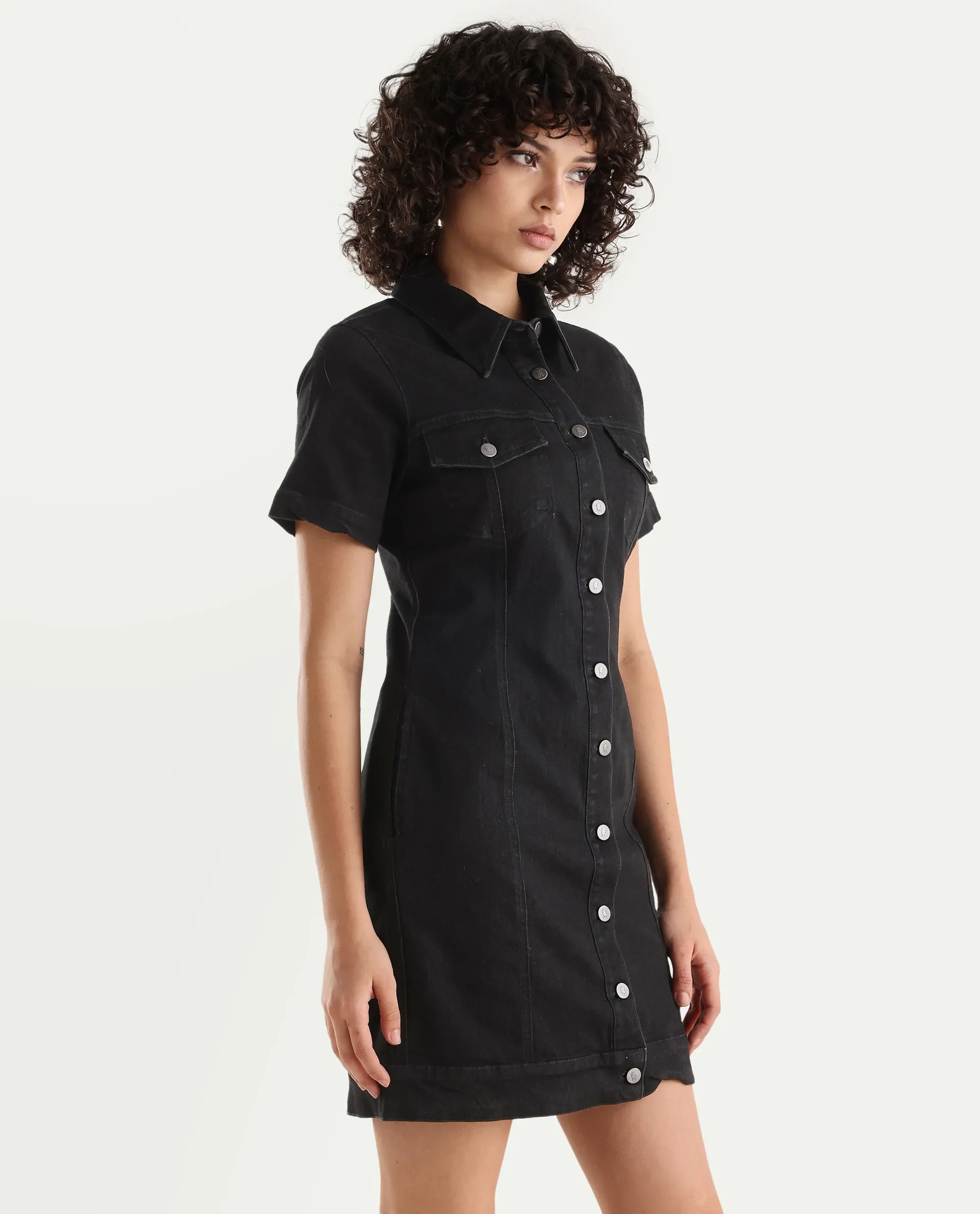 Rareism Women's Thio Black Cotton Blend Spread Collar Plain Knee Length Fitted Dress - Image 6