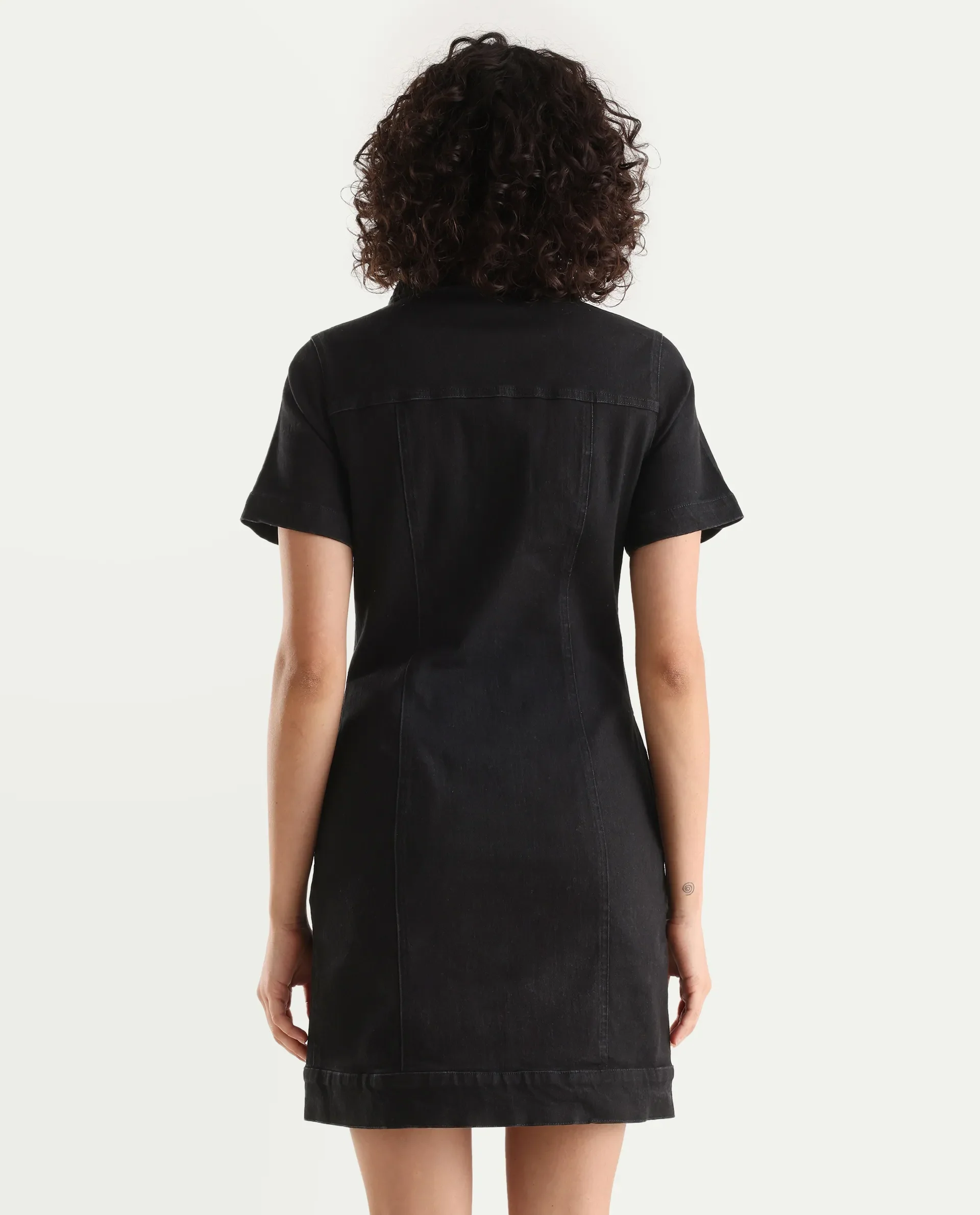 Rareism Women's Thio Black Cotton Blend Spread Collar Plain Knee Length Fitted Dress - Image 7