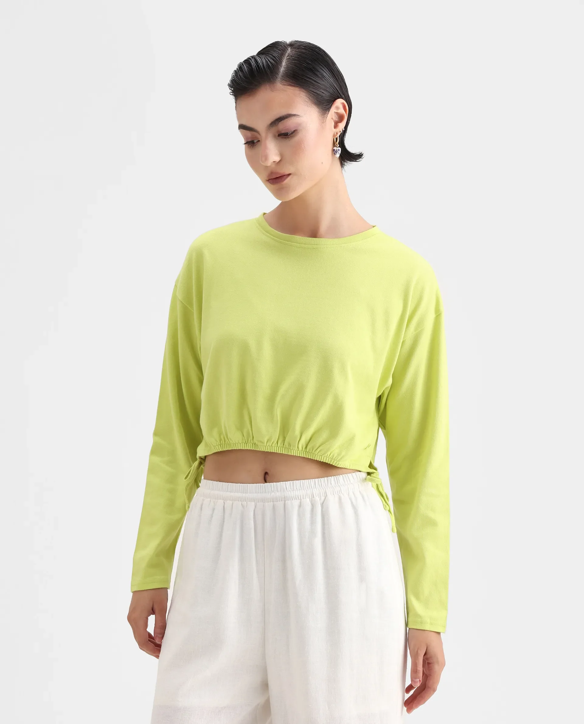 Rareism Women's Thistle Flouroscent Green Cotton Crew Neck Plain Crop Regular Fit Top - Image 3