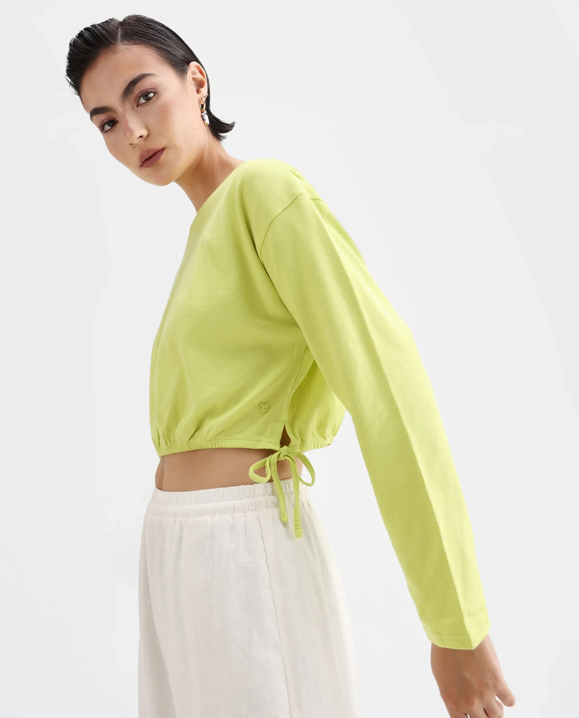 Rareism Women's Thistle Flouroscent Green Cotton Crew Neck Plain Crop Regular Fit Top - Image 4