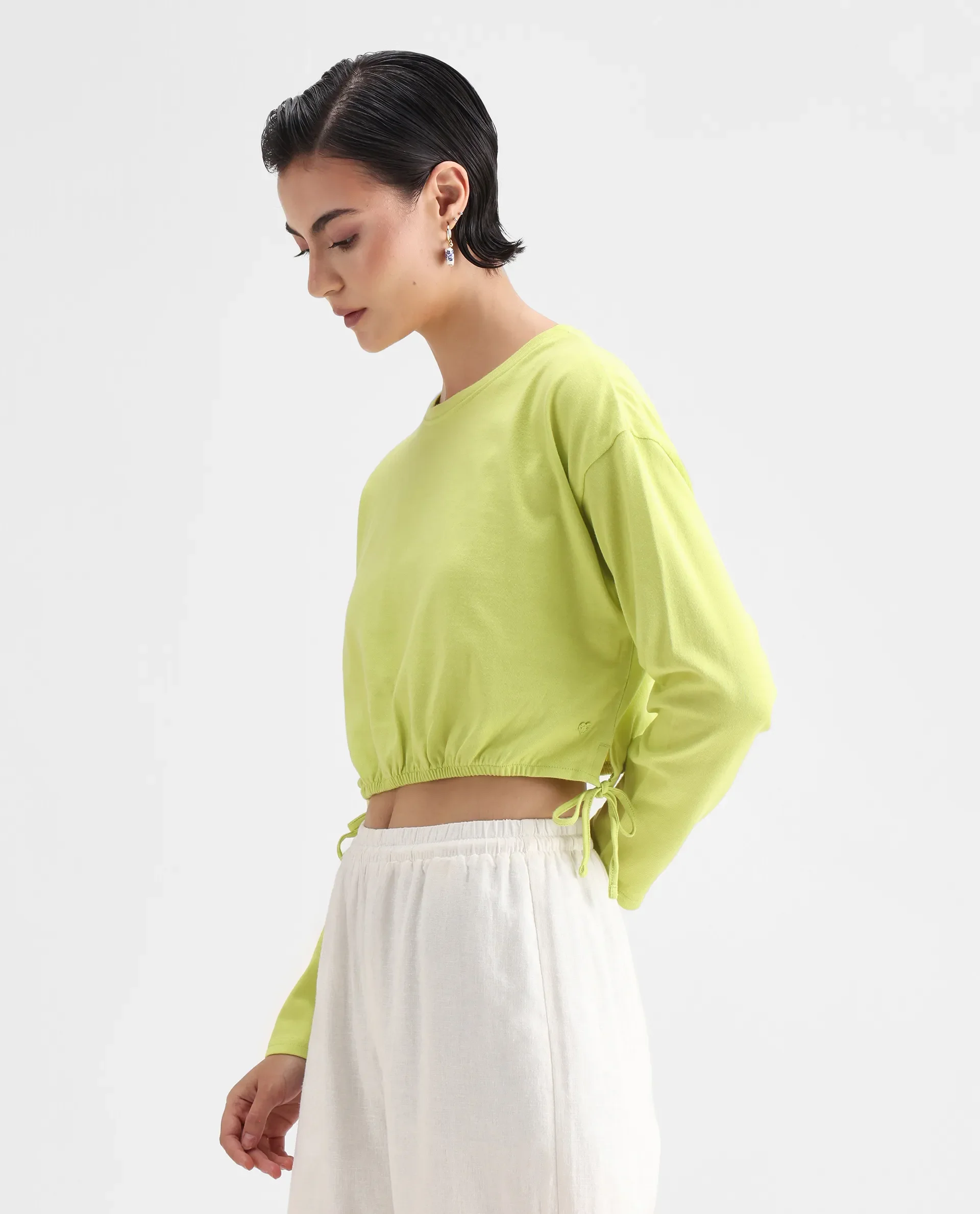 Rareism Women's Thistle Flouroscent Green Cotton Crew Neck Plain Crop Regular Fit Top - Image 5