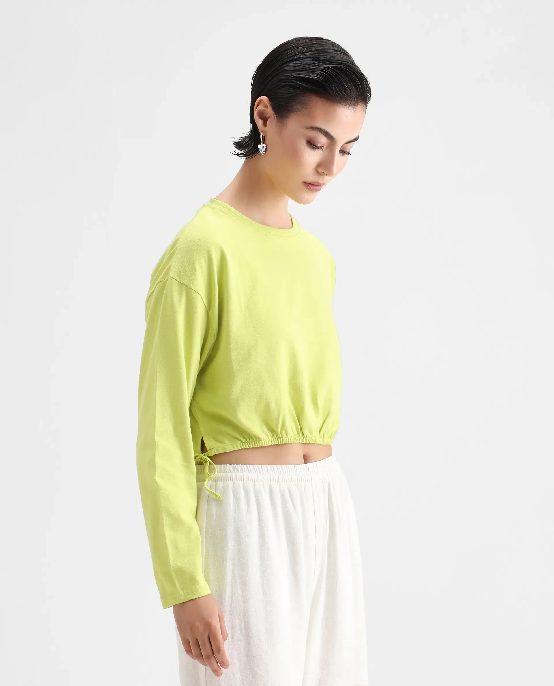 Rareism Women's Thistle Flouroscent Green Cotton Crew Neck Plain Crop Regular Fit Top - Image 6