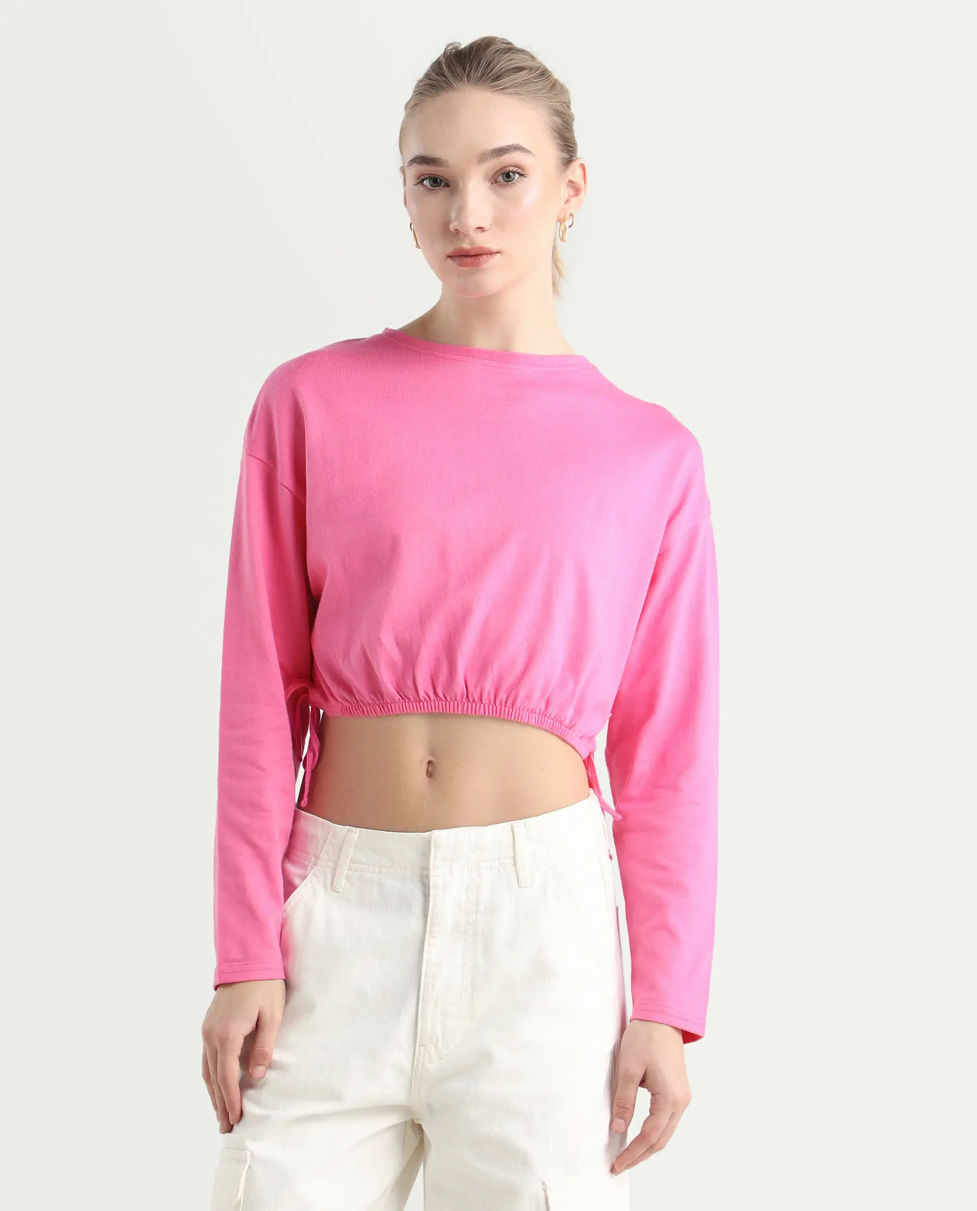 Rareism Women's Thistle Pink Cotton Crew Neck Plain Crop Regular Fit Top - Image 3