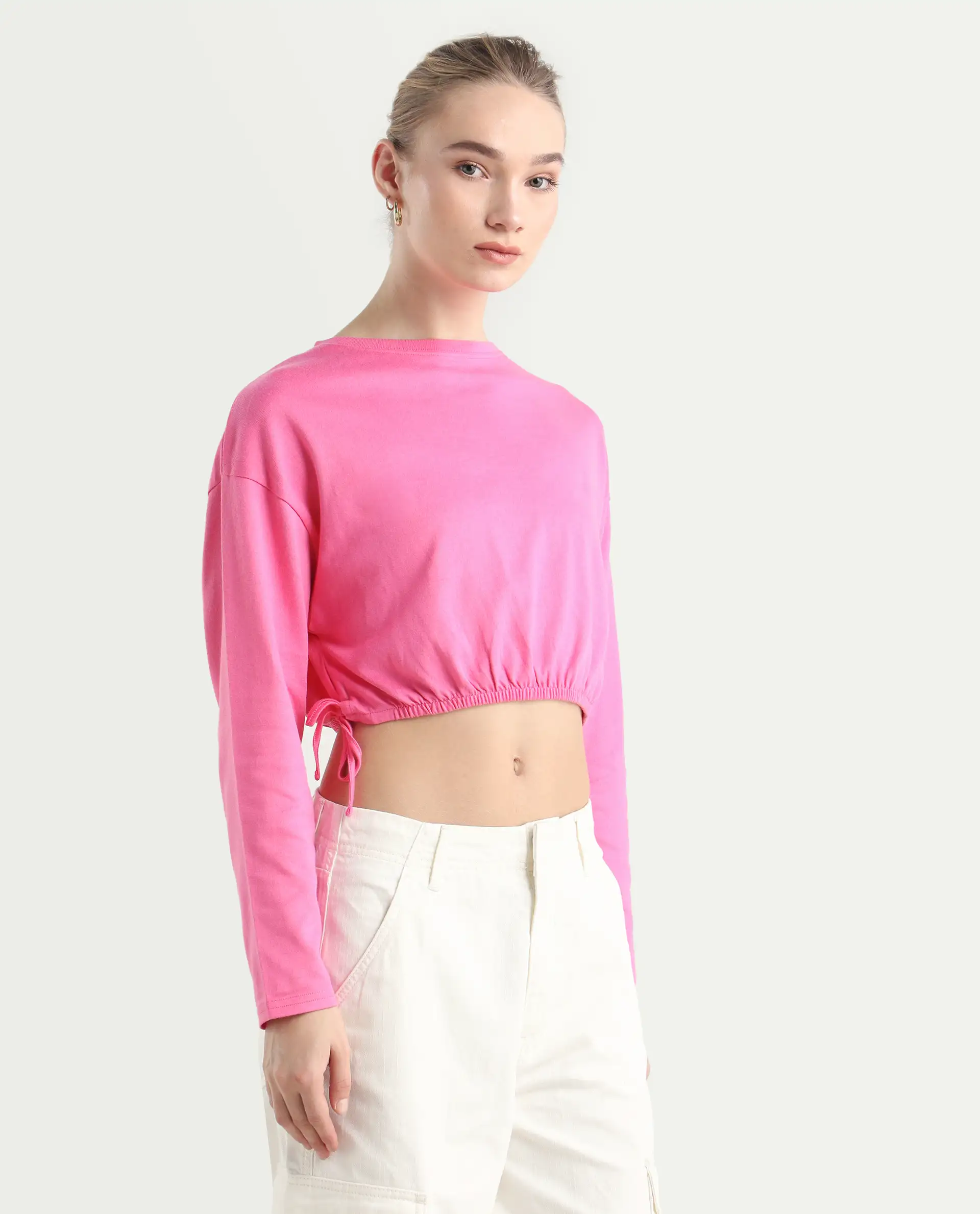 Rareism Women's Thistle Pink Cotton Crew Neck Plain Crop Regular Fit Top - Image 7