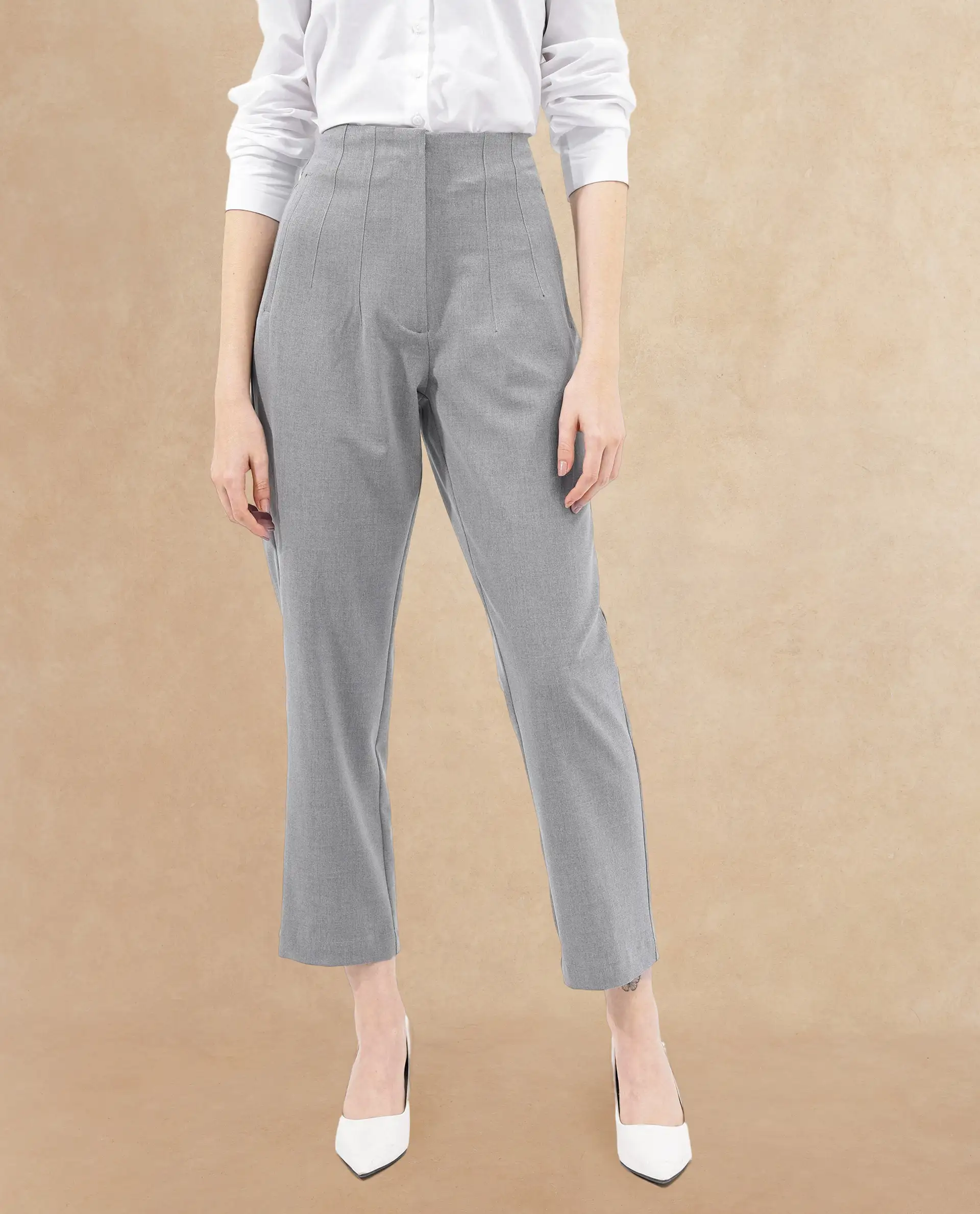 Rareism Women's Thompson Grey Cotton Plain Ankle Length Tapered Trouser - Image 2
