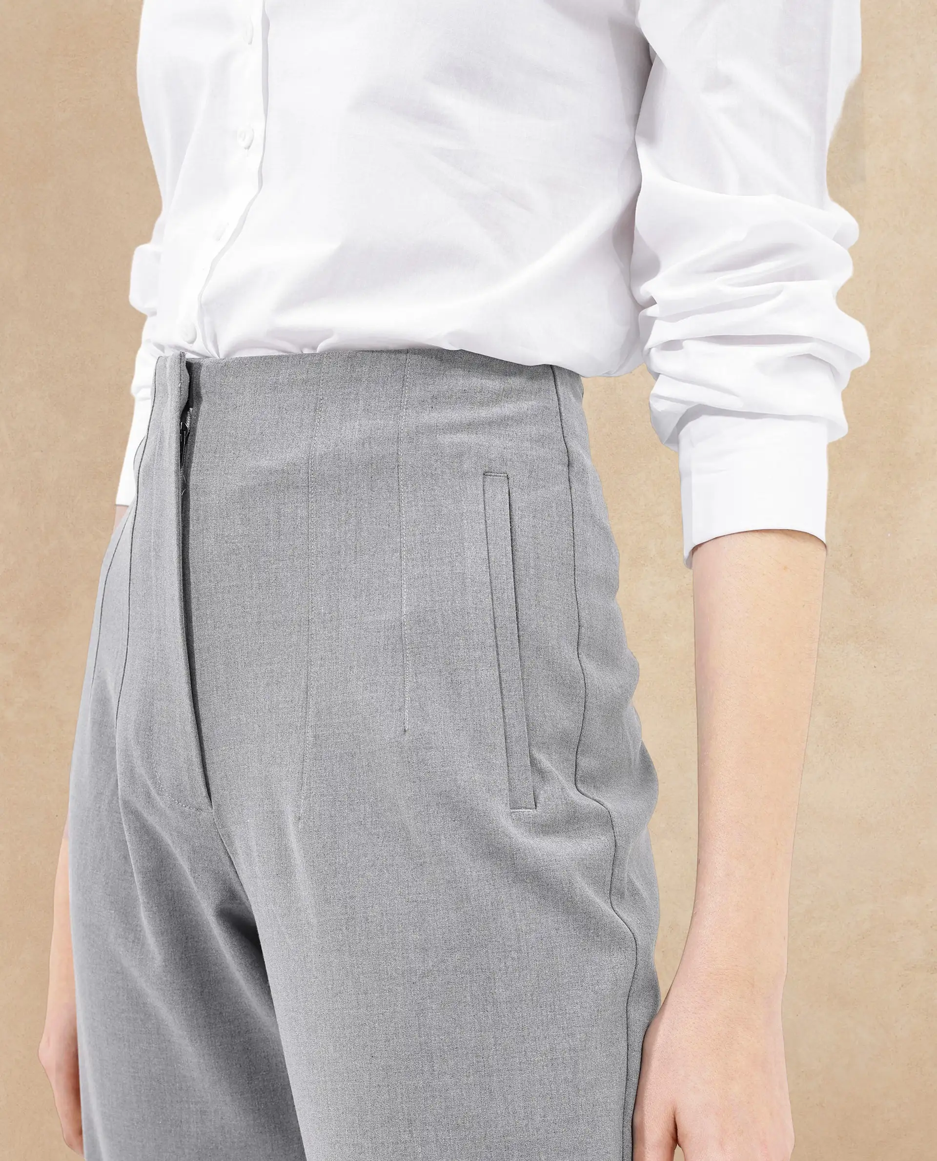 Rareism Women's Thompson Grey Cotton Plain Ankle Length Tapered Trouser - Image 3