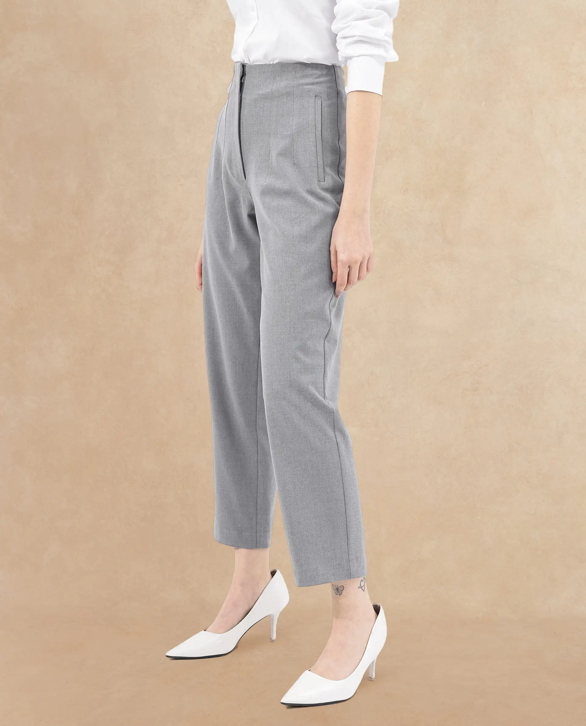 Rareism Women's Thompson Grey Cotton Plain Ankle Length Tapered Trouser - Image 4