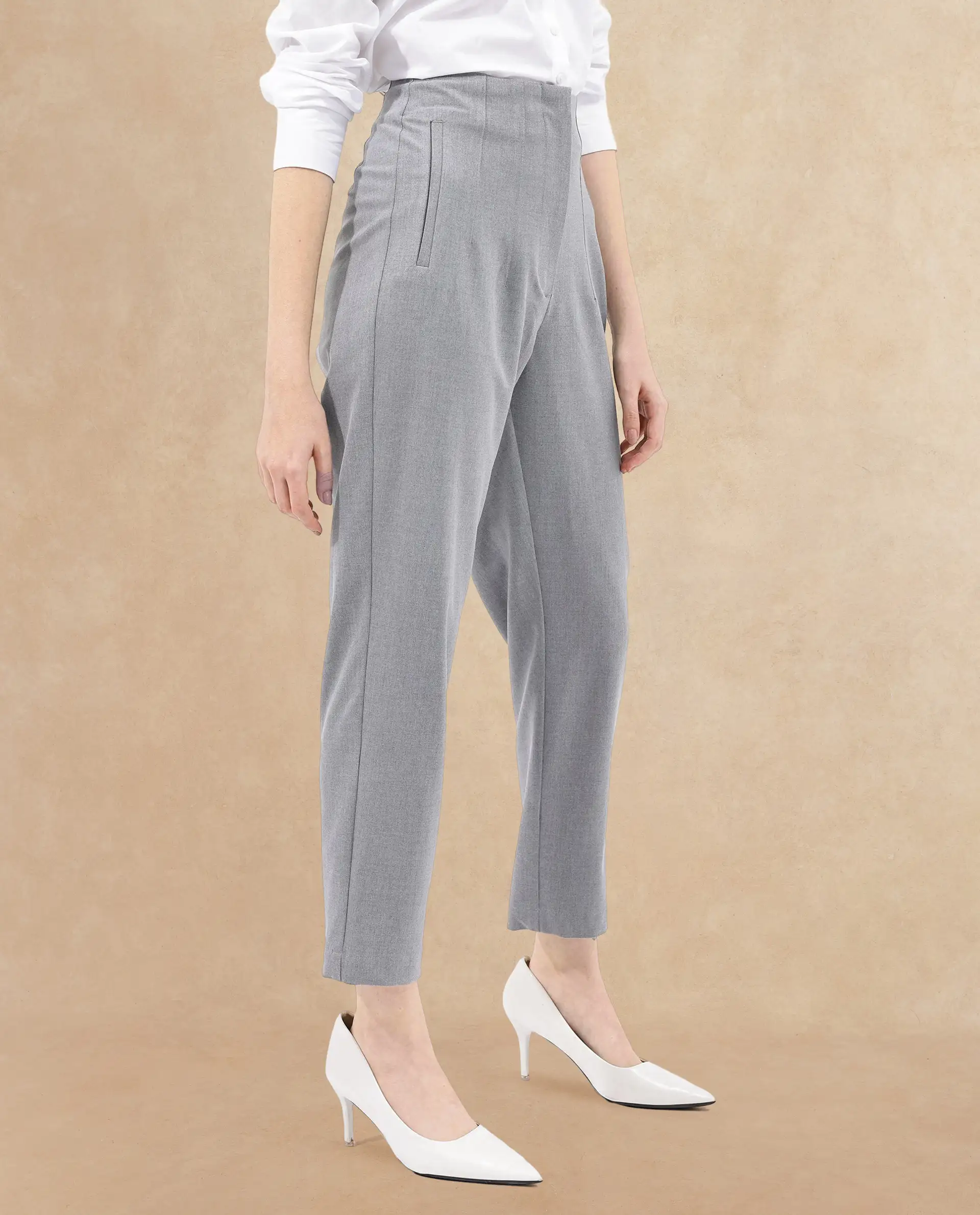 Rareism Women's Thompson Grey Cotton Plain Ankle Length Tapered Trouser - Image 5