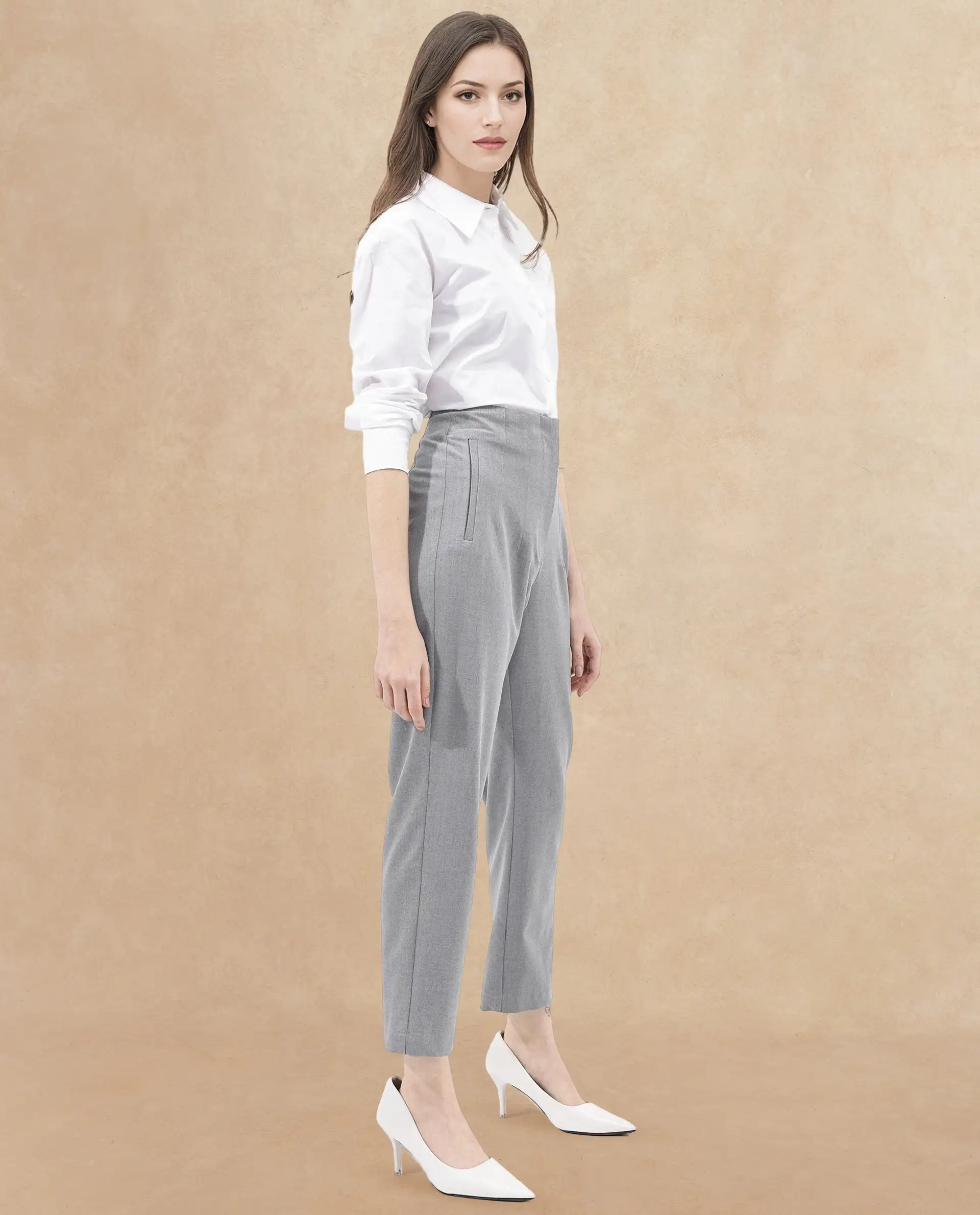 Rareism Women's Thompson Grey Cotton Plain Ankle Length Tapered Trouser - Image 6