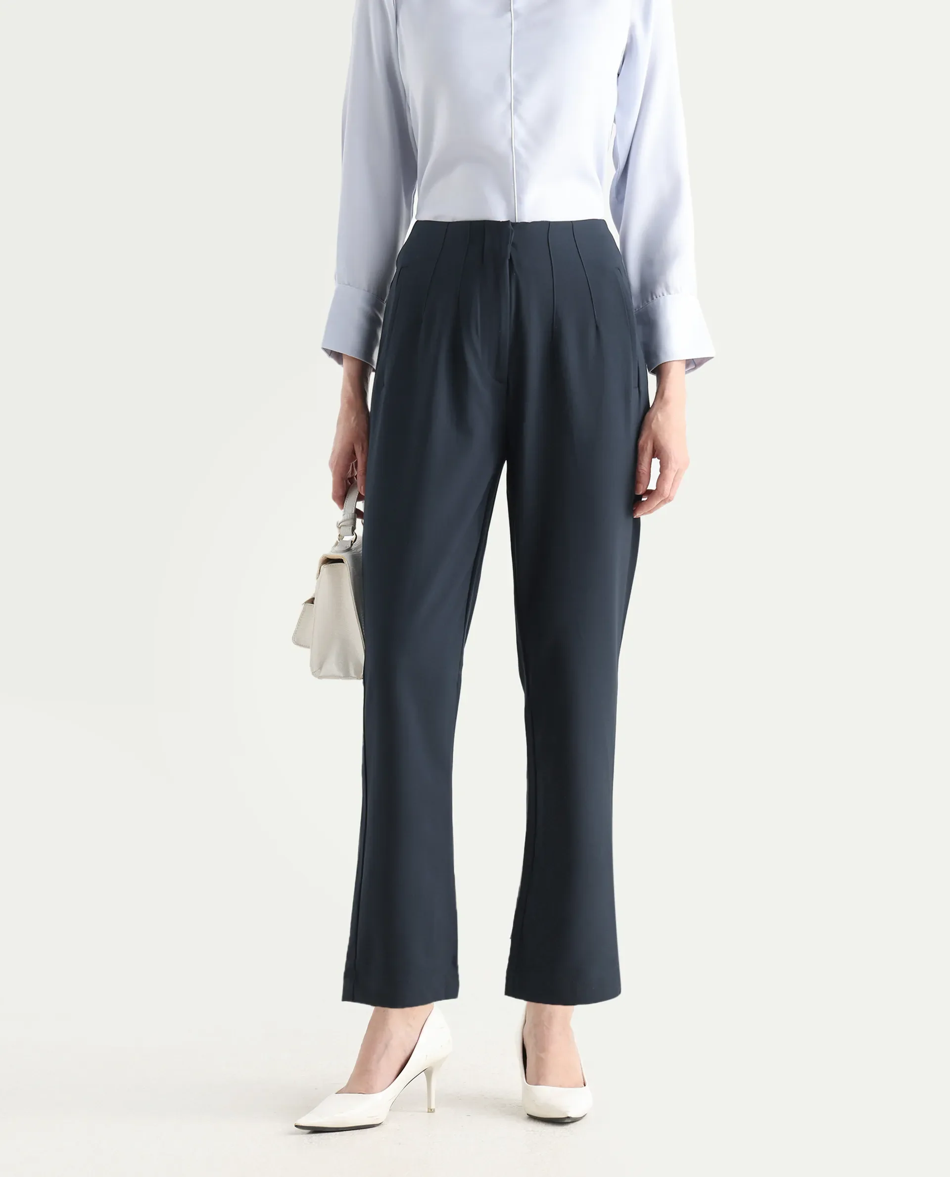 Rareism Women's Thompson Navy Cotton Plain Ankle Length Tapered Trouser - Image 2