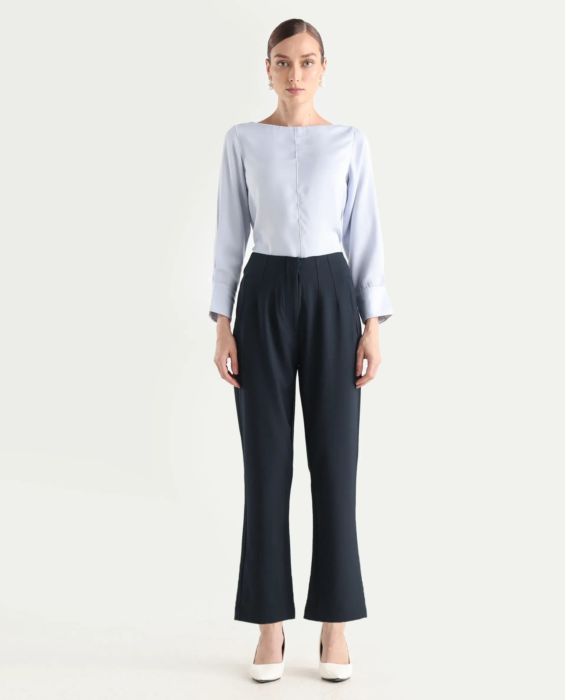 Rareism Women's Thompson Navy Cotton Plain Ankle Length Tapered Trouser - Image 3