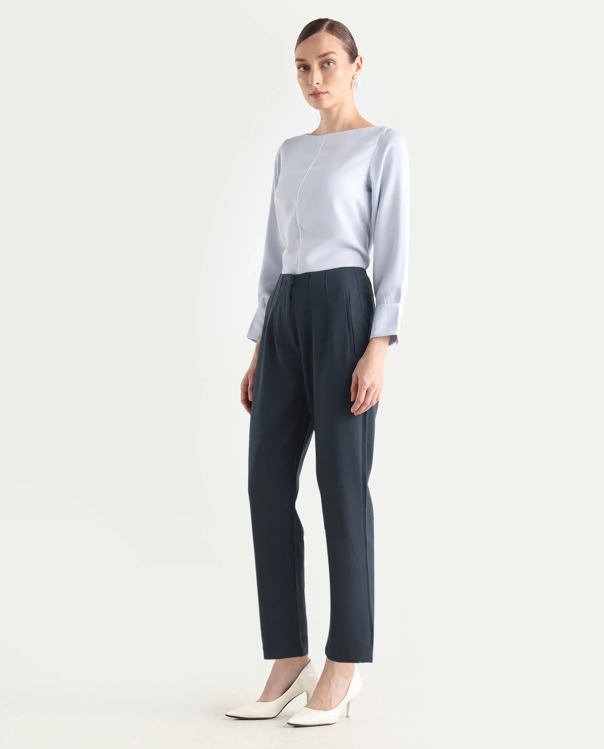 Rareism Women's Thompson Navy Cotton Plain Ankle Length Tapered Trouser - Image 4