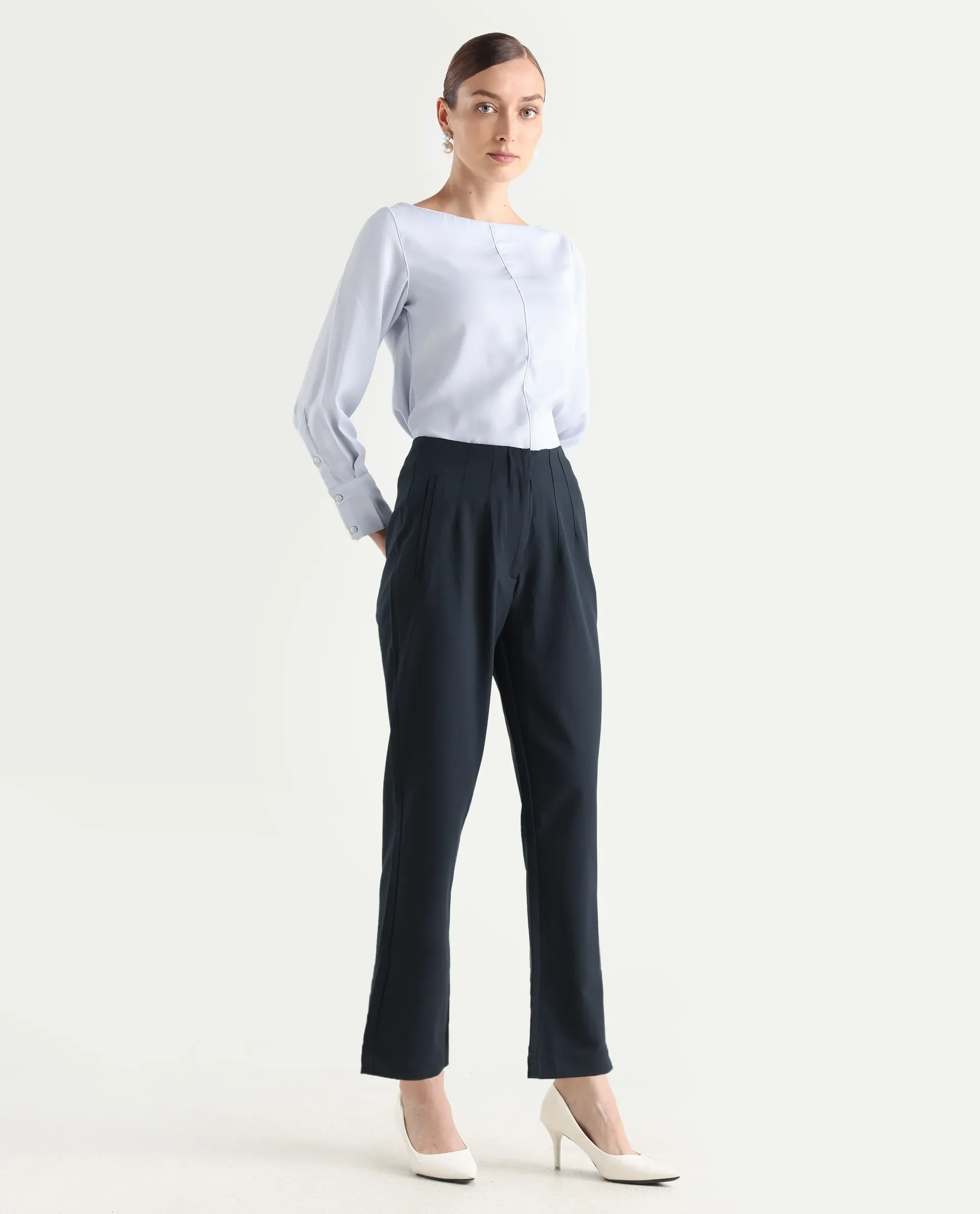 Rareism Women's Thompson Navy Cotton Plain Ankle Length Tapered Trouser - Image 6