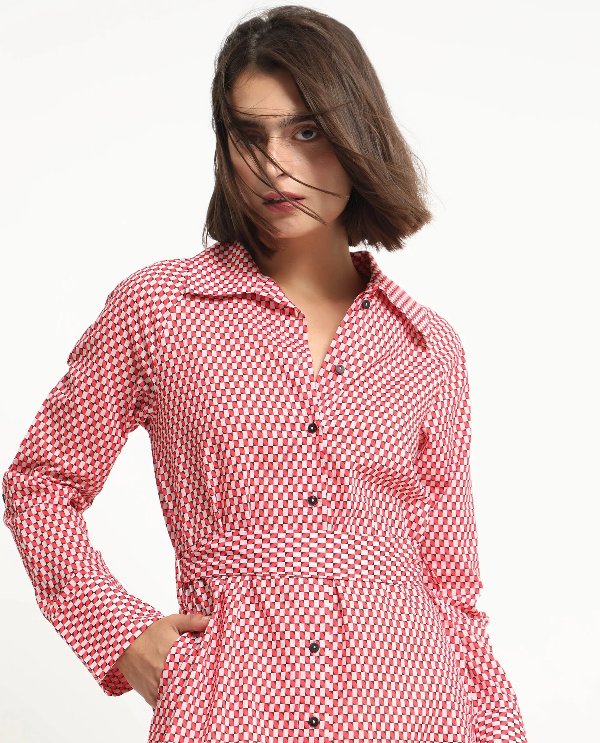 Rareism Women's Thomson Red Cotton Spread Collar Checked Cuffed Sleeve Midi Fit And Flare Dress - Image 2