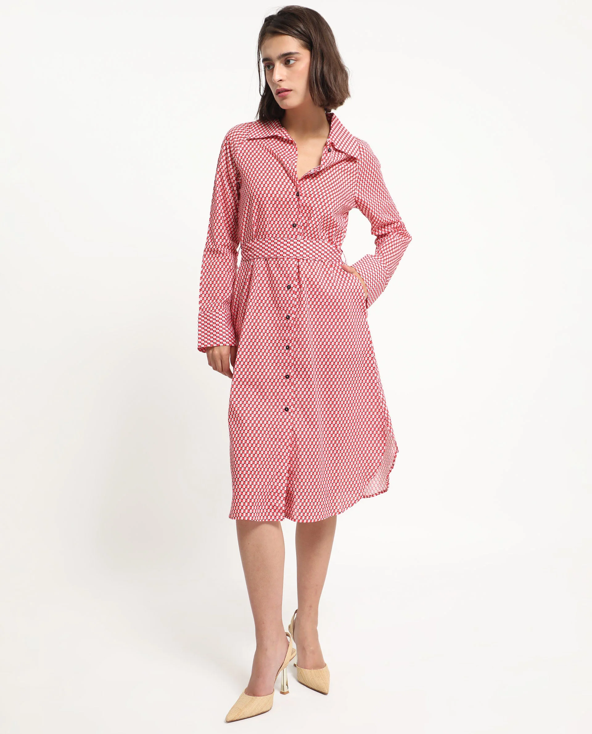 Rareism Women's Thomson Red Cotton Spread Collar Checked Cuffed Sleeve Midi Fit And Flare Dress - Image 3