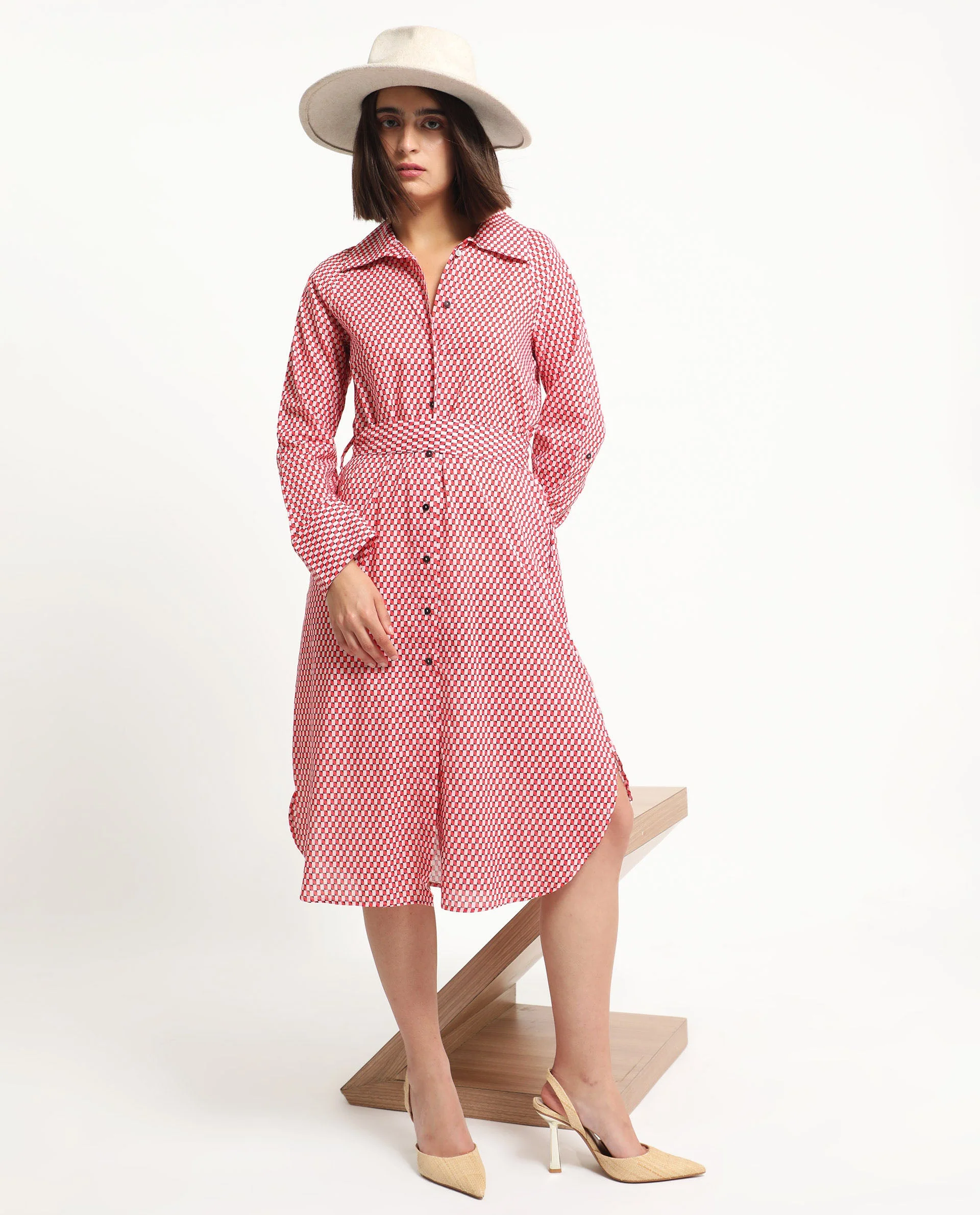 Rareism Women's Thomson Red Cotton Spread Collar Checked Cuffed Sleeve Midi Fit And Flare Dress - Image 5