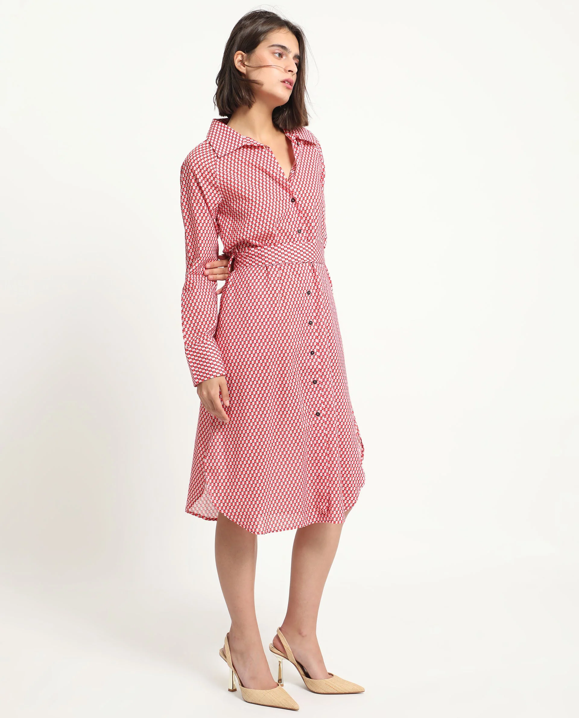 Rareism Women's Thomson Red Cotton Spread Collar Checked Cuffed Sleeve Midi Fit And Flare Dress - Image 6