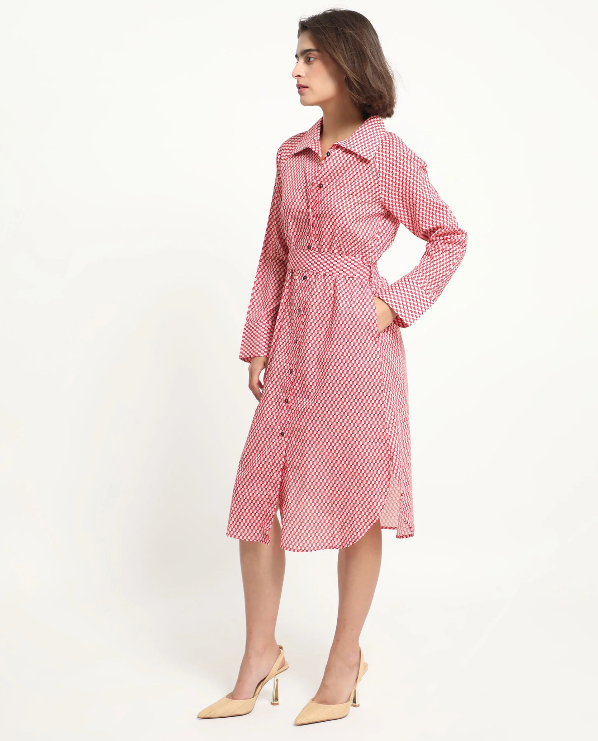Rareism Women's Thomson Red Cotton Spread Collar Checked Cuffed Sleeve Midi Fit And Flare Dress - Image 7