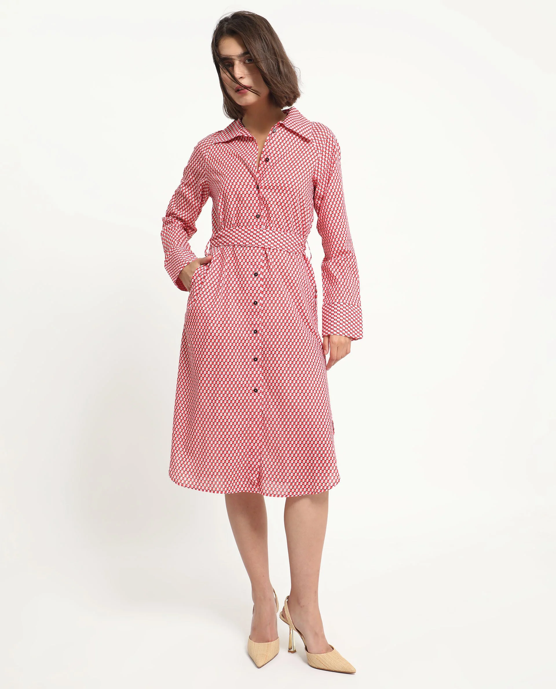 Rareism Women's Thomson Red Cotton Spread Collar Checked Cuffed Sleeve Midi Fit And Flare Dress - Image 8