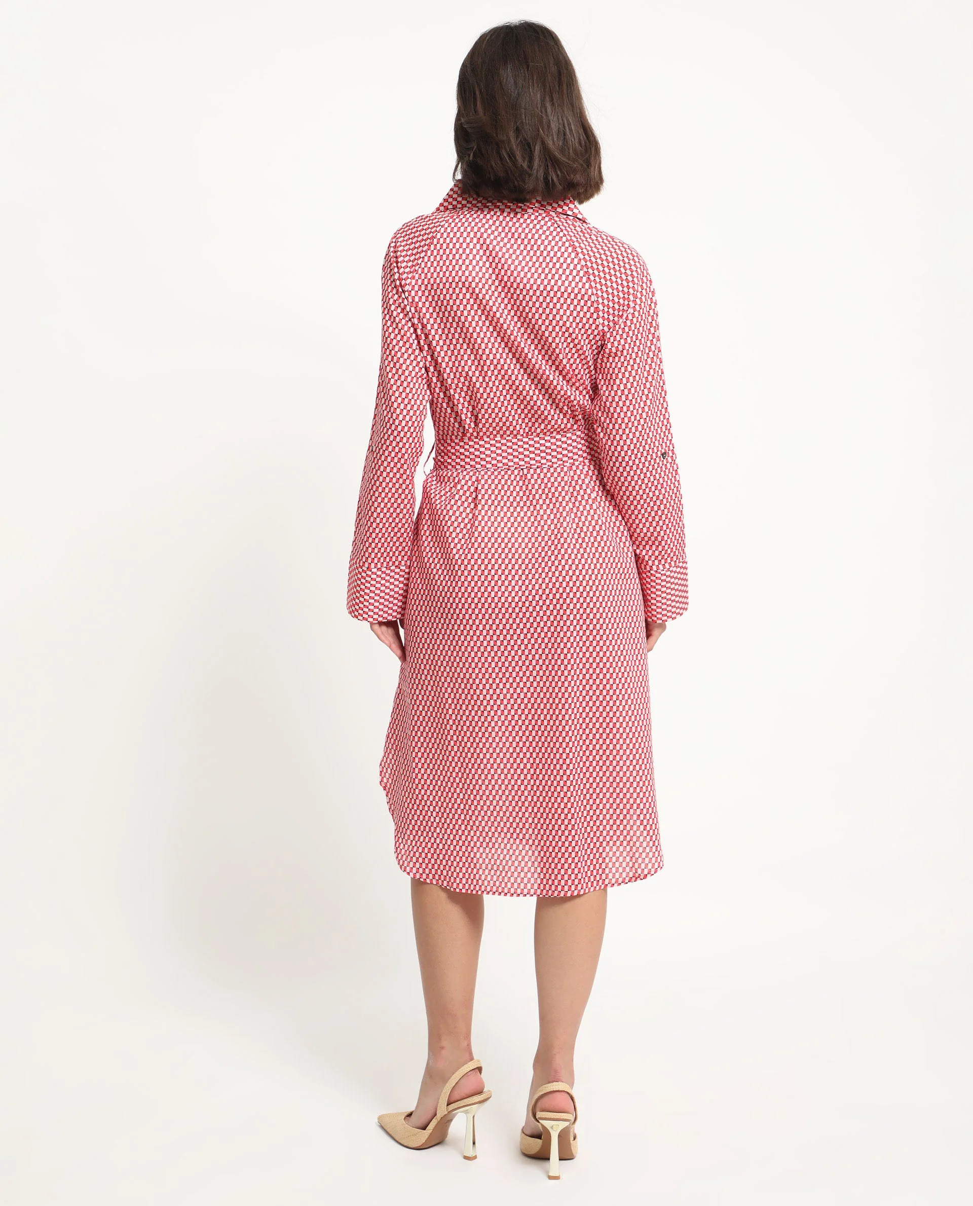 Rareism Women's Thomson Red Cotton Spread Collar Checked Cuffed Sleeve Midi Fit And Flare Dress - Image 9