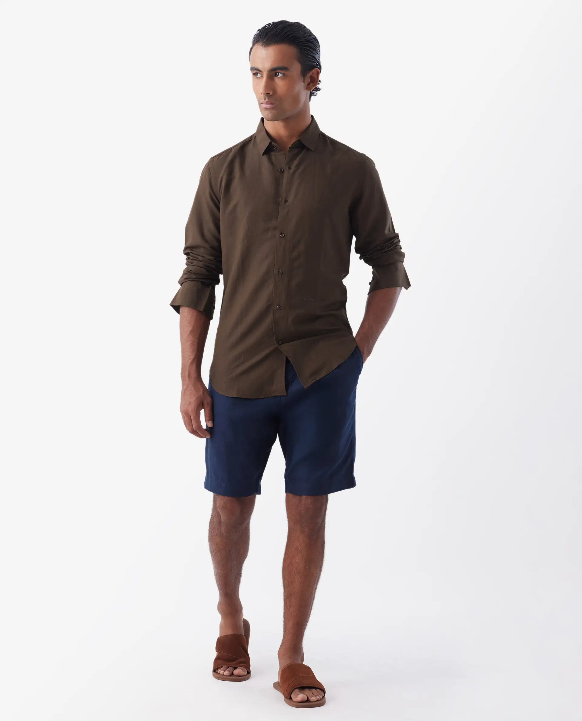 Rare Rabbit Men's Throna Brown Linen Blend Plain Regular Fit Full Sleeve Collared Shirt - Image 3