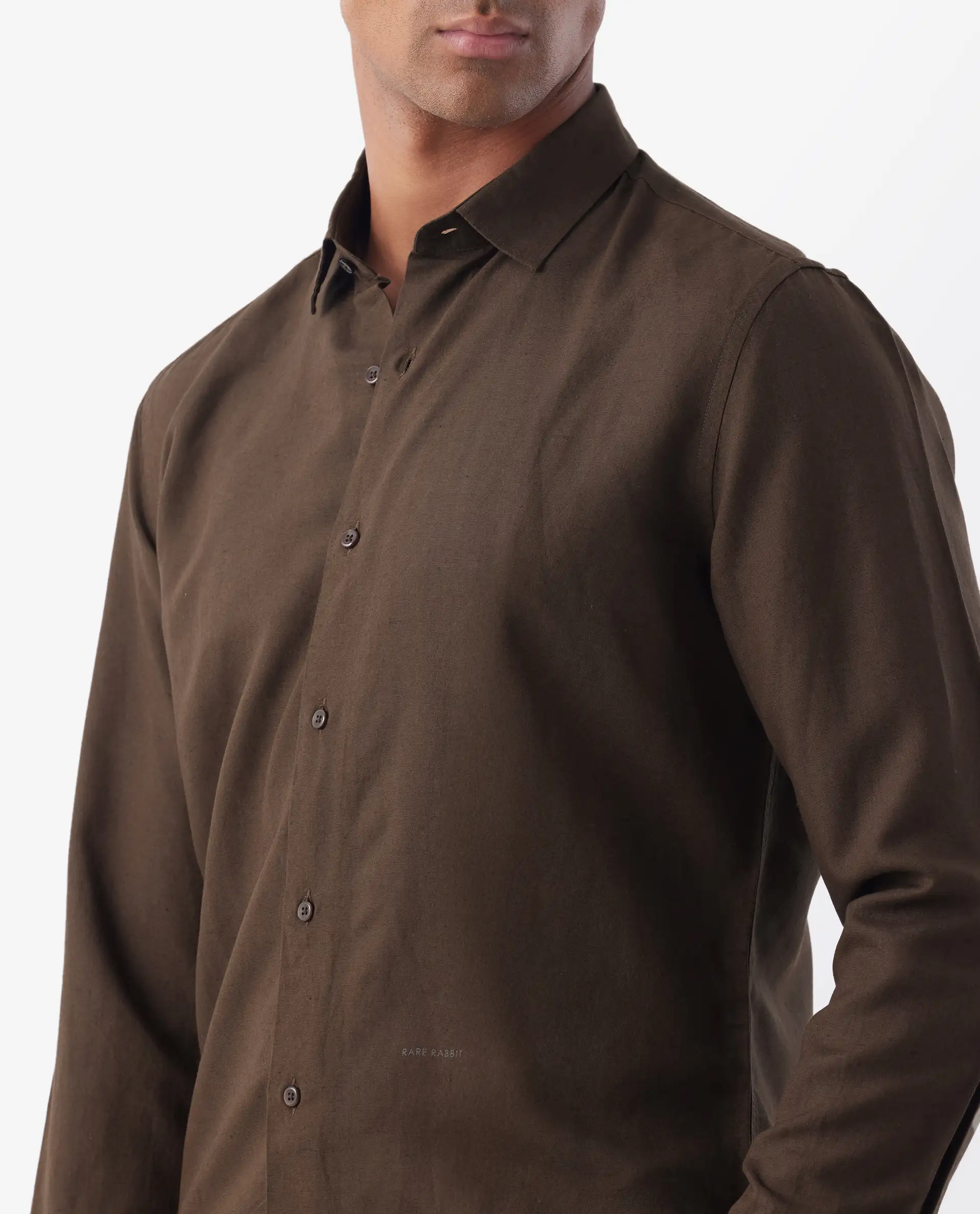 Rare Rabbit Men's Throna Brown Linen Blend Plain Regular Fit Full Sleeve Collared Shirt - Image 4
