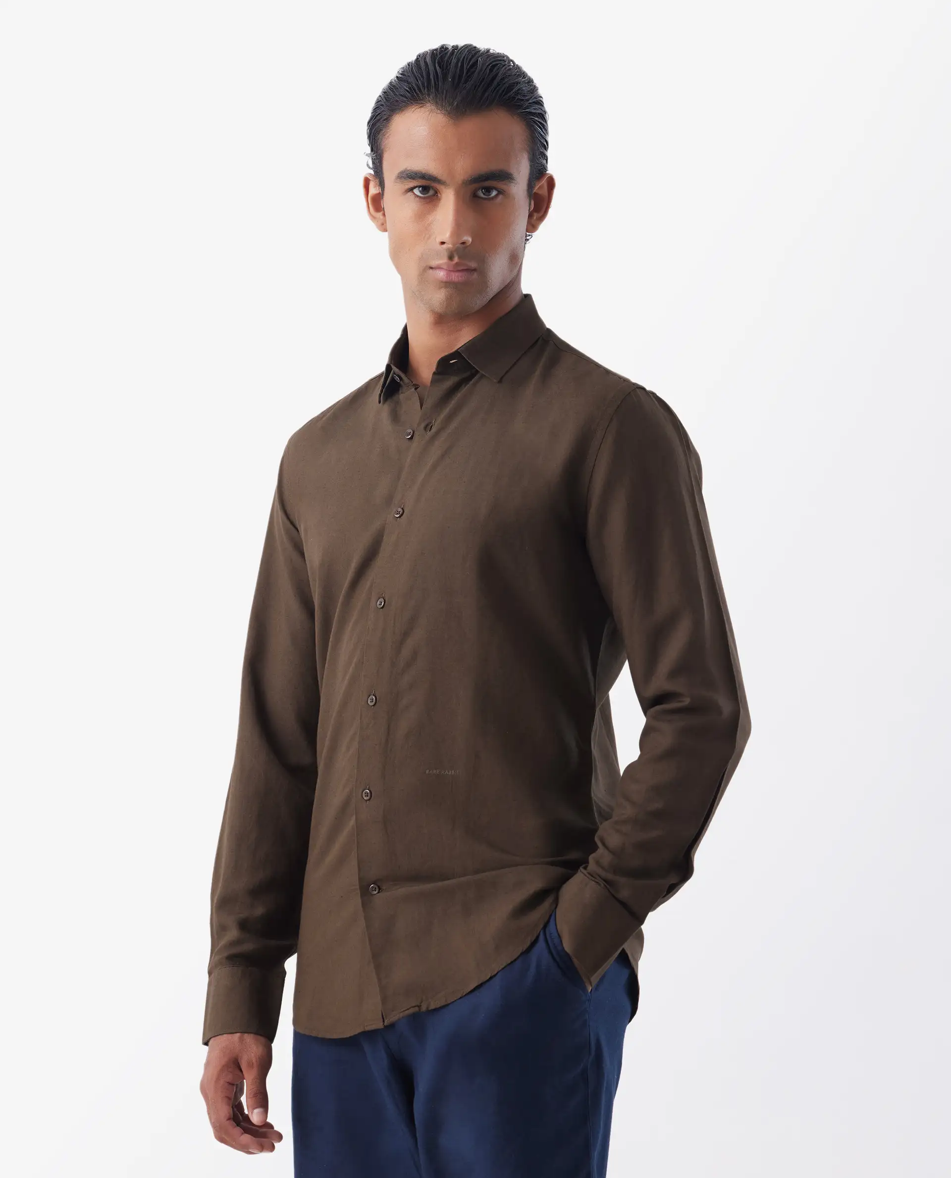 Rare Rabbit Men's Throna Brown Linen Blend Plain Regular Fit Full Sleeve Collared Shirt - Image 6