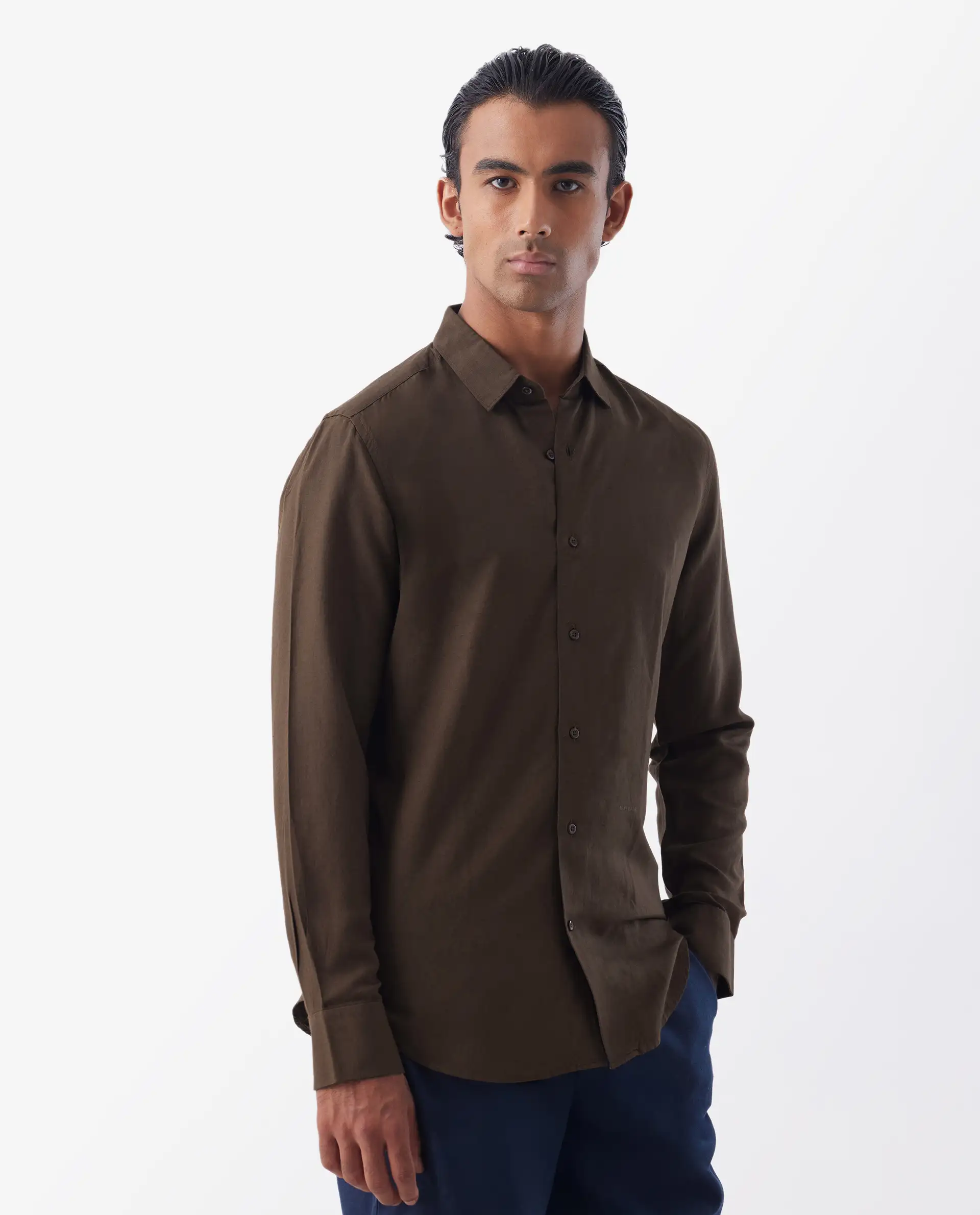 Rare Rabbit Men's Throna Brown Linen Blend Plain Regular Fit Full Sleeve Collared Shirt - Image 7