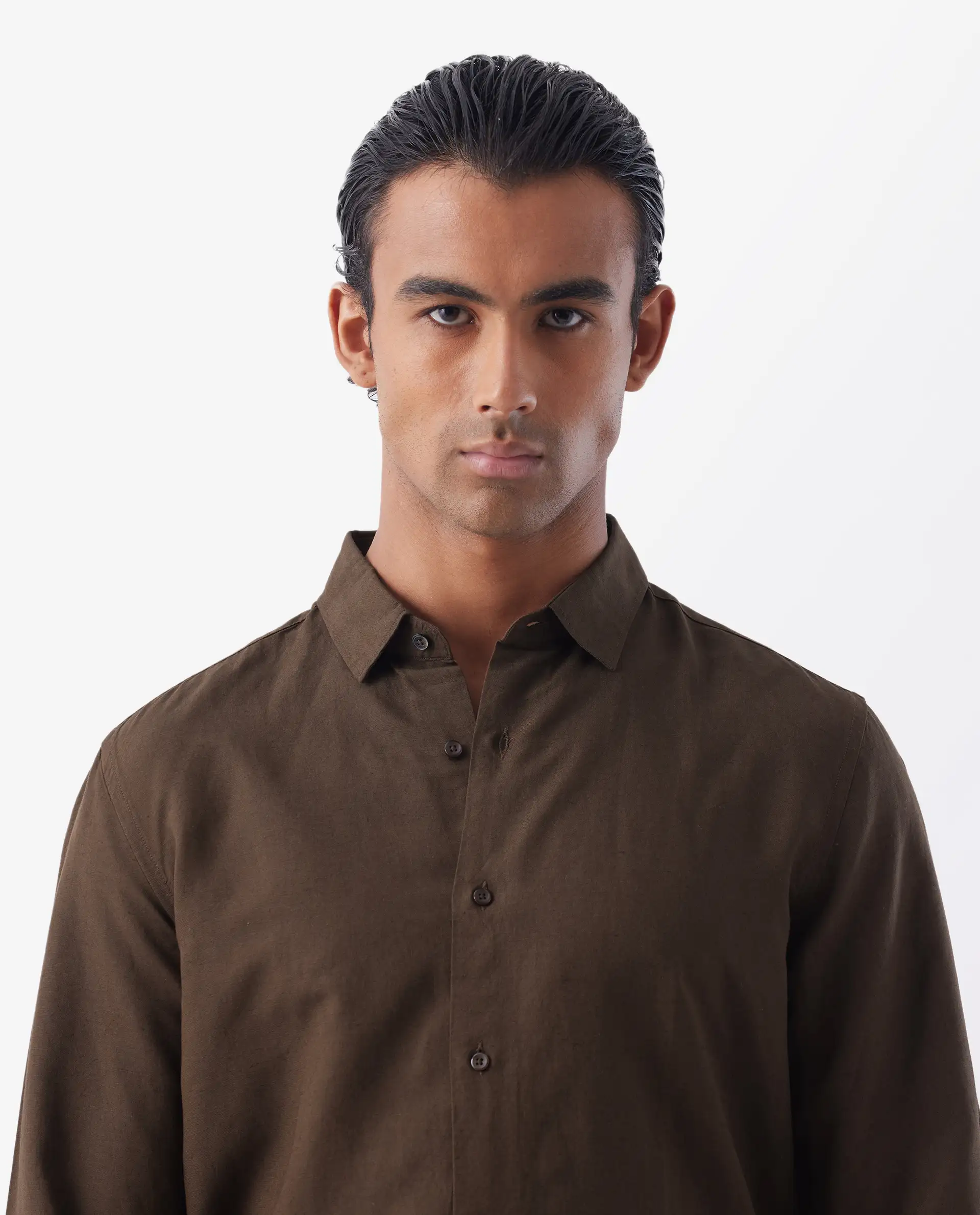 Rare Rabbit Men's Throna Brown Linen Blend Plain Regular Fit Full Sleeve Collared Shirt - Image 8
