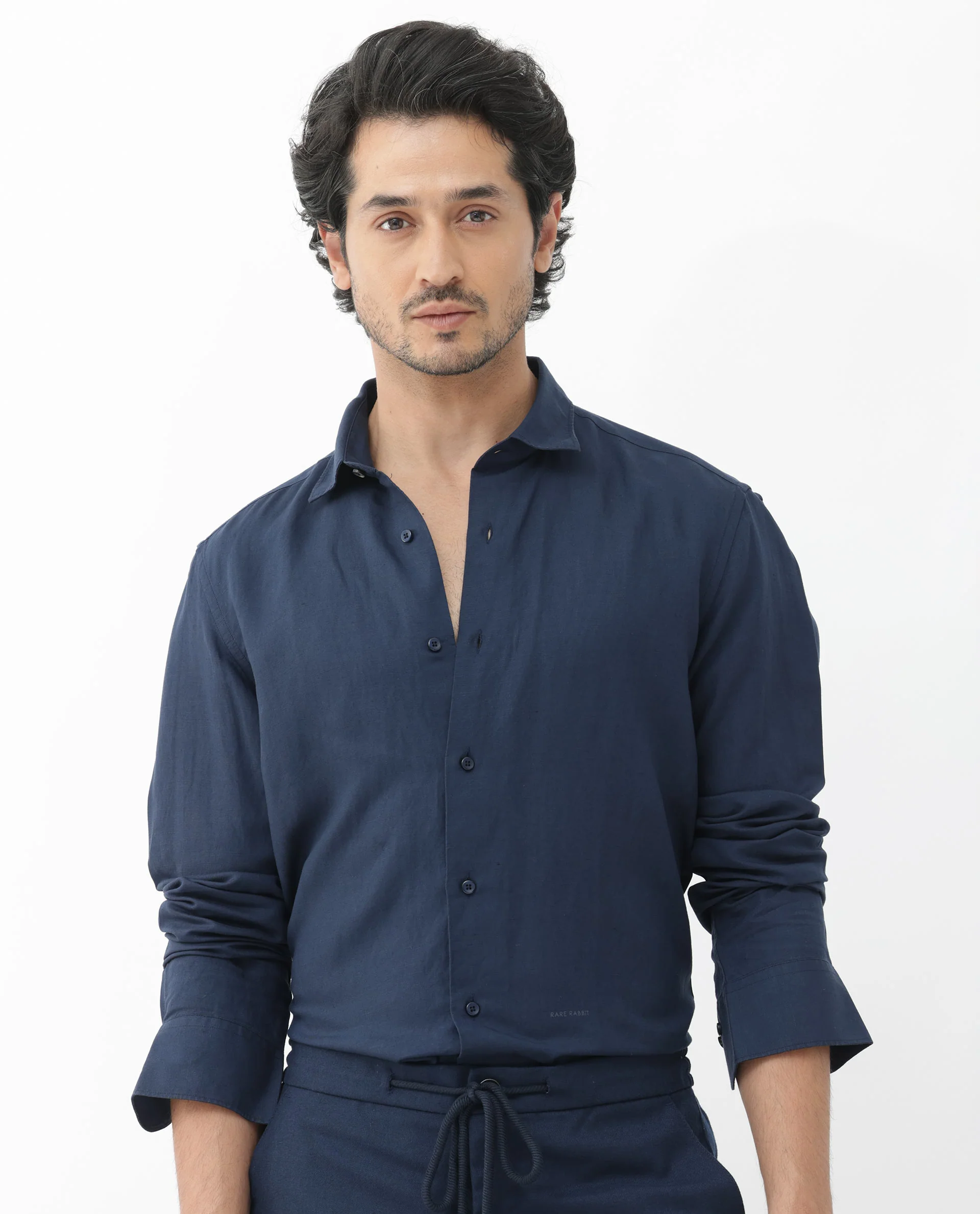 Rare Rabbit Men's Throna Navy Linen Blend Plain Regular Fit Full Sleeve Collared Shirt - Image 4