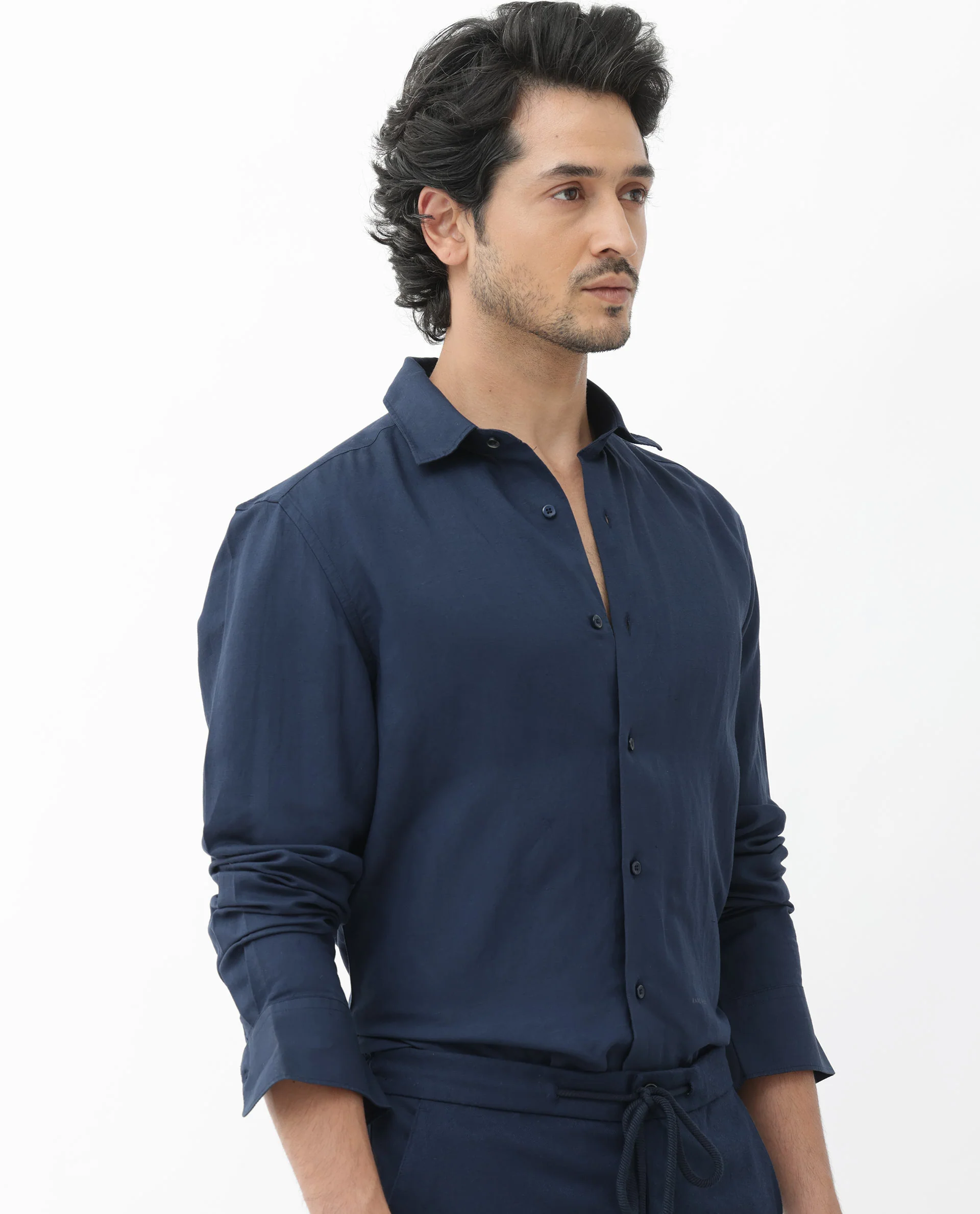 Rare Rabbit Men's Throna Navy Linen Blend Plain Regular Fit Full Sleeve Collared Shirt - Image 6
