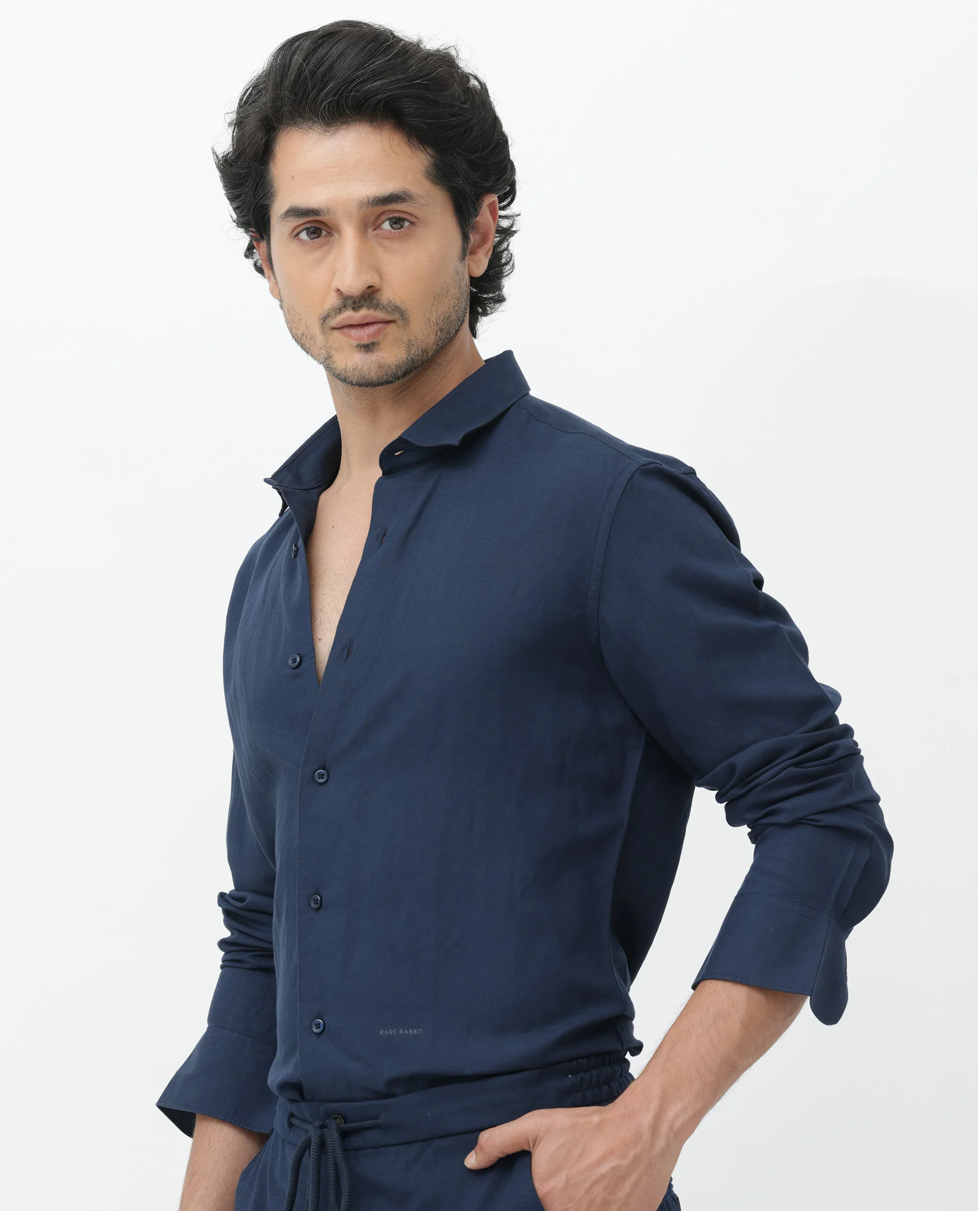 Rare Rabbit Men's Throna Navy Linen Blend Plain Regular Fit Full Sleeve Collared Shirt - Image 7