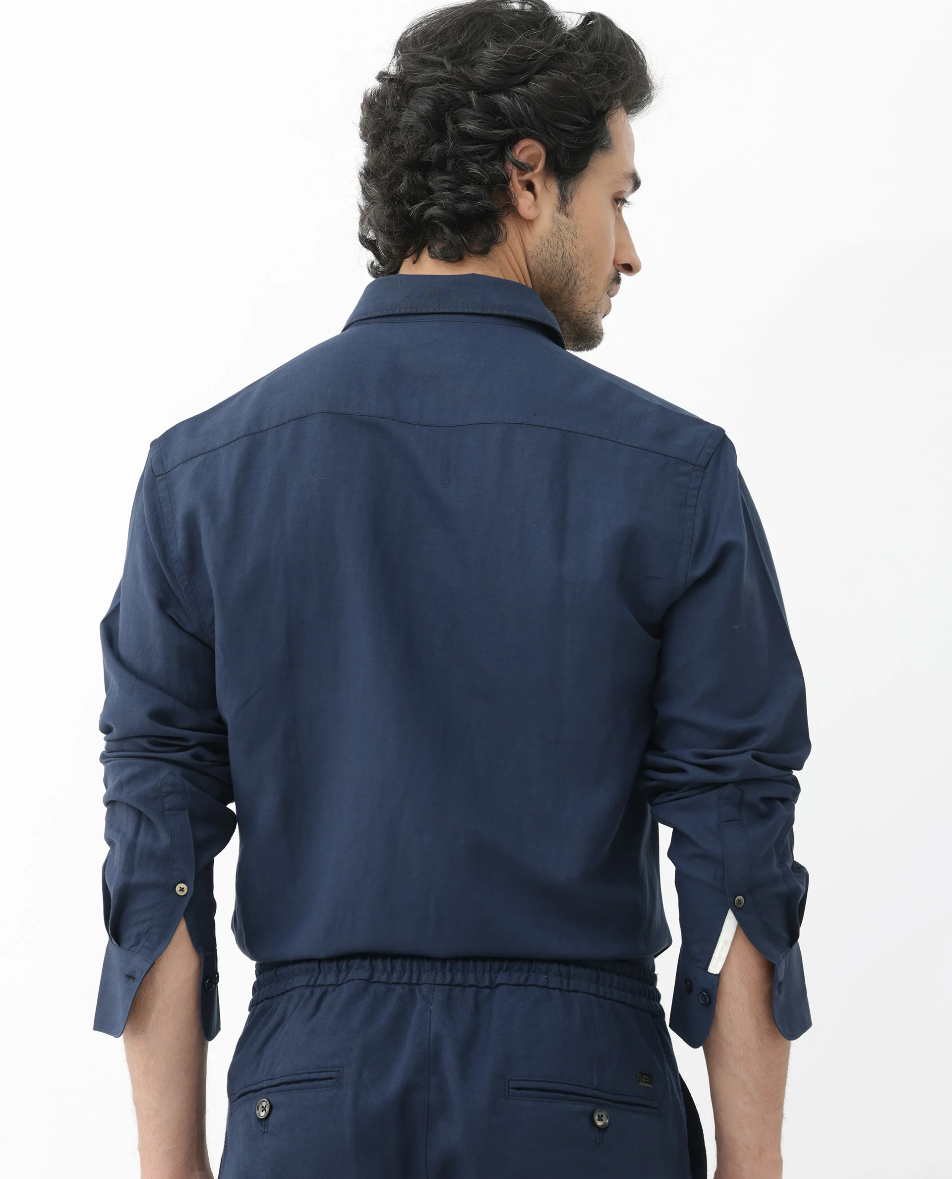 Rare Rabbit Men's Throna Navy Linen Blend Plain Regular Fit Full Sleeve Collared Shirt - Image 9
